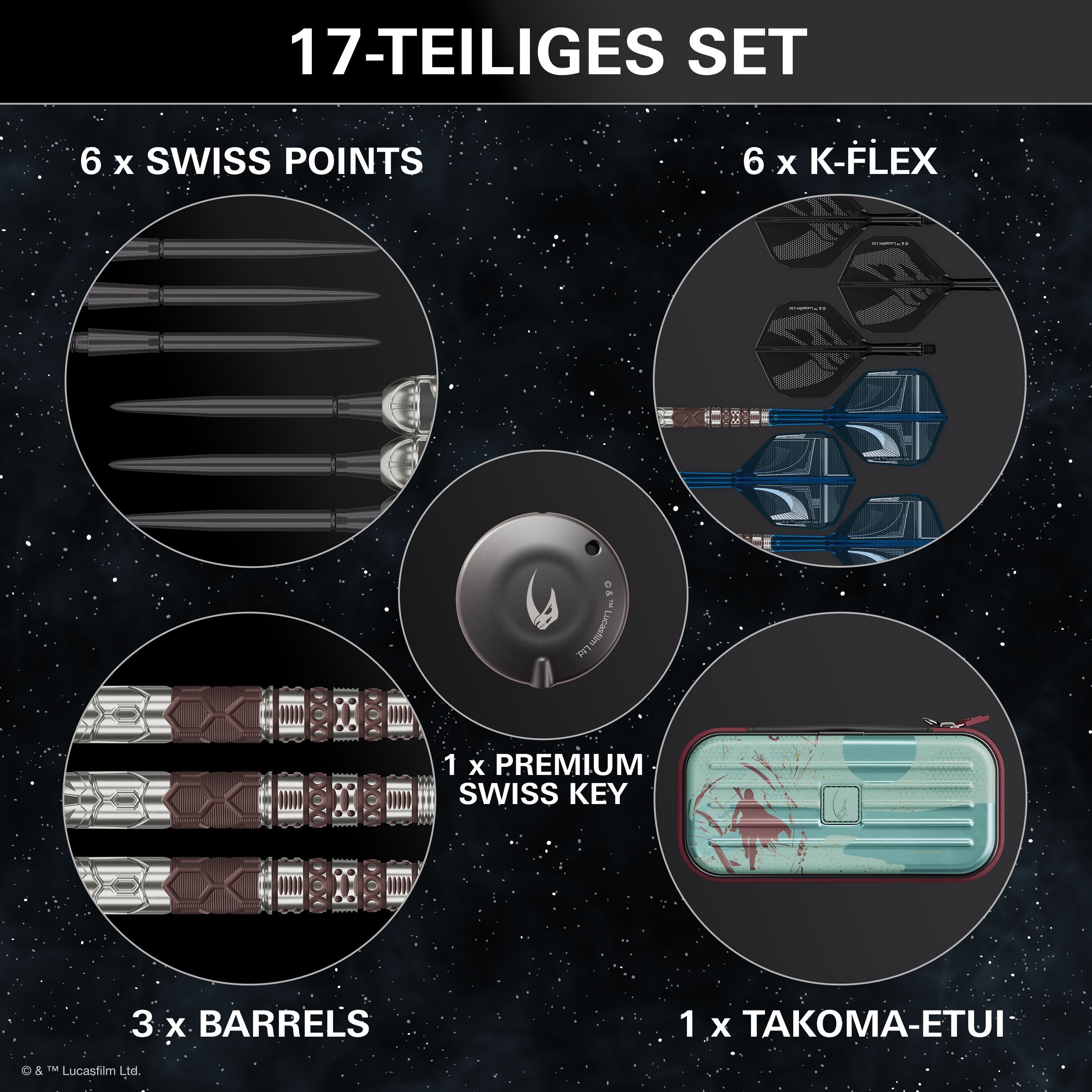 Target Star Wars Mandalorian 95 Swiss Point Steel Darts Abgebildet sind die Target Star Wars Mandalorian 95 Swiss Point Steeldarts. Sie sind speziell für Fans von Star Wars und Mandalorian entwickelt.