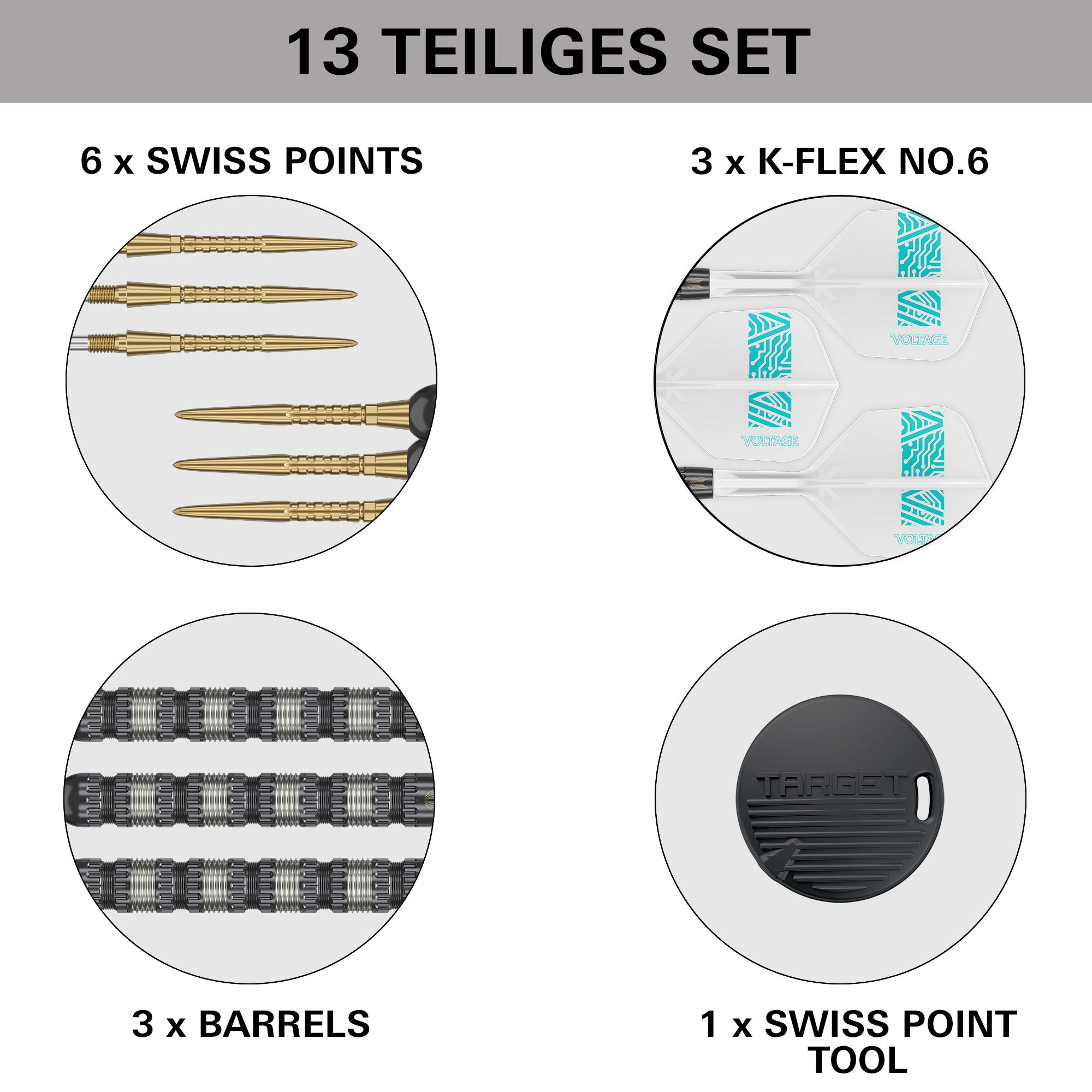 Target Rob Cross 95K Swiss Point Steel Darts Das Bild zeigt das 13-teilige Set der Target Rob Cross 95K Swiss Point Steeldarts. Es enthält 6 Swiss Points, 3 K-Flex No.6 Flights, 3 Barrels und 1 Swiss Point Tool.