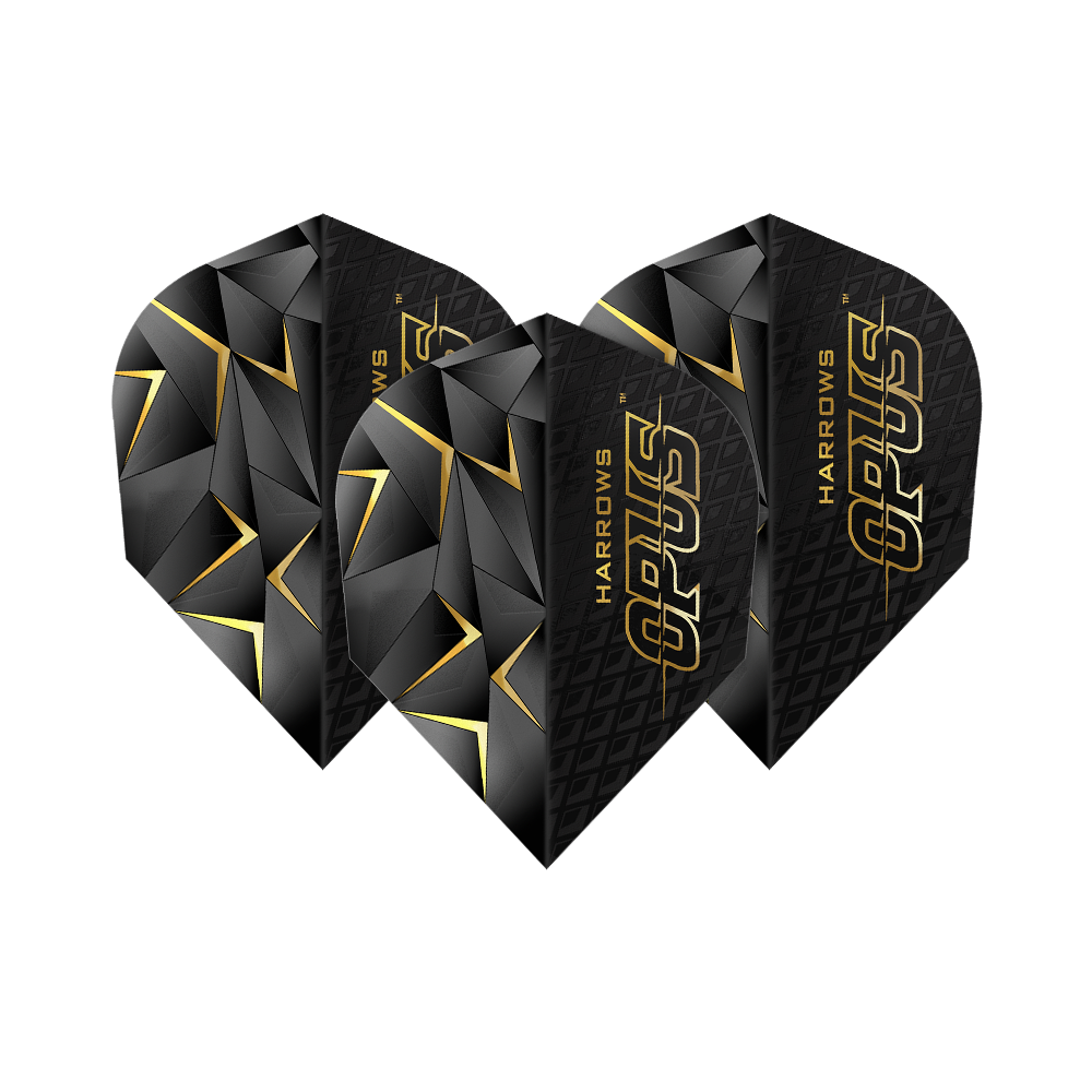 Harrow's Opus Version 3 Flights Das Bild zeigt die Harrows Opus Version 3 Flights. Sie sind schwarz mit goldenen Akzenten und geometrischem Muster gestaltet.