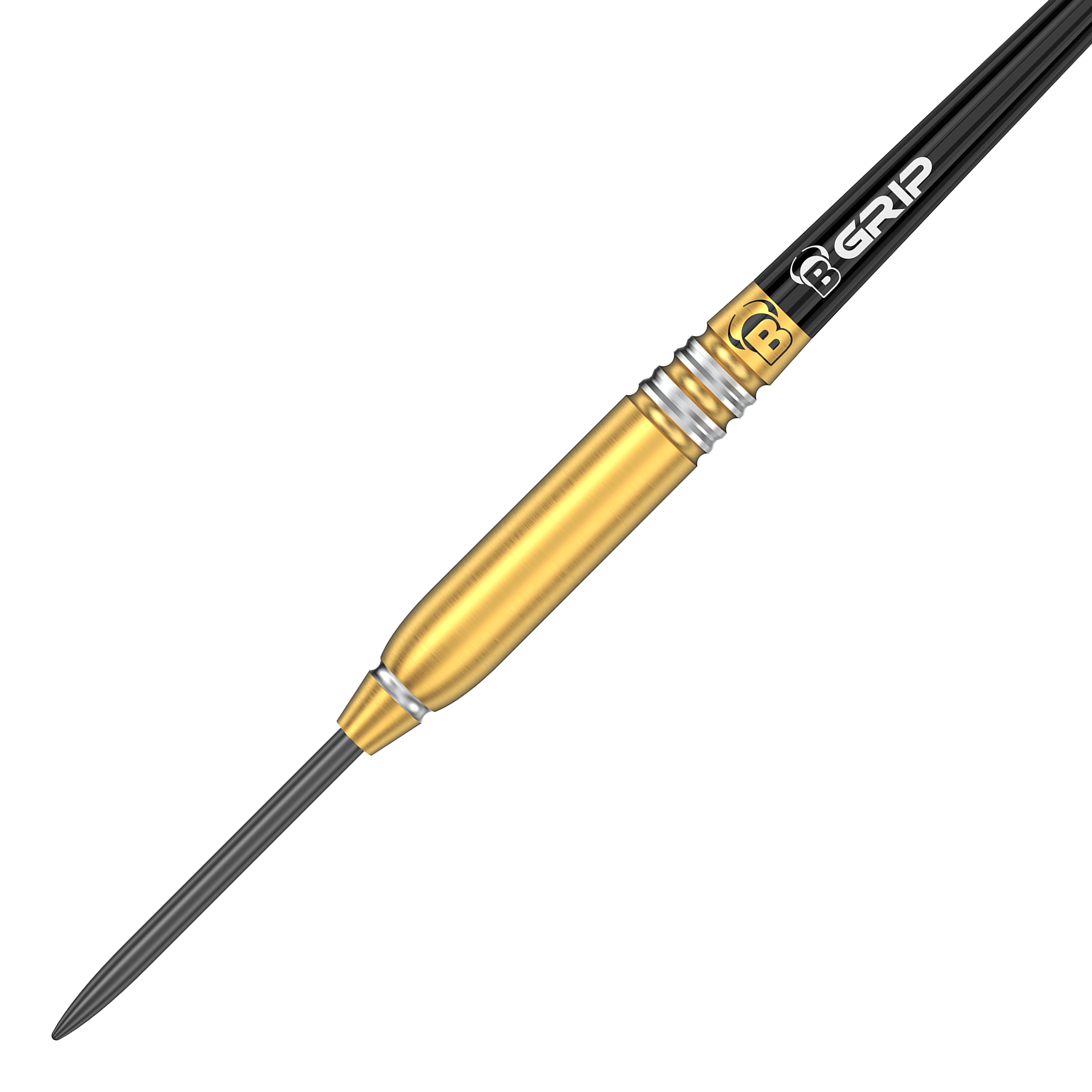 Bulls Patrick Geeraets Steeldarts - 23g Das Bild zeigt einen Bulls Patrick Geeraets Steeldart mit einem Gewicht von 23 Gramm. Der Dart hat einen goldfarbenen Barrel und einen schwarzen Schaft mit der Aufschrift "GRIP".