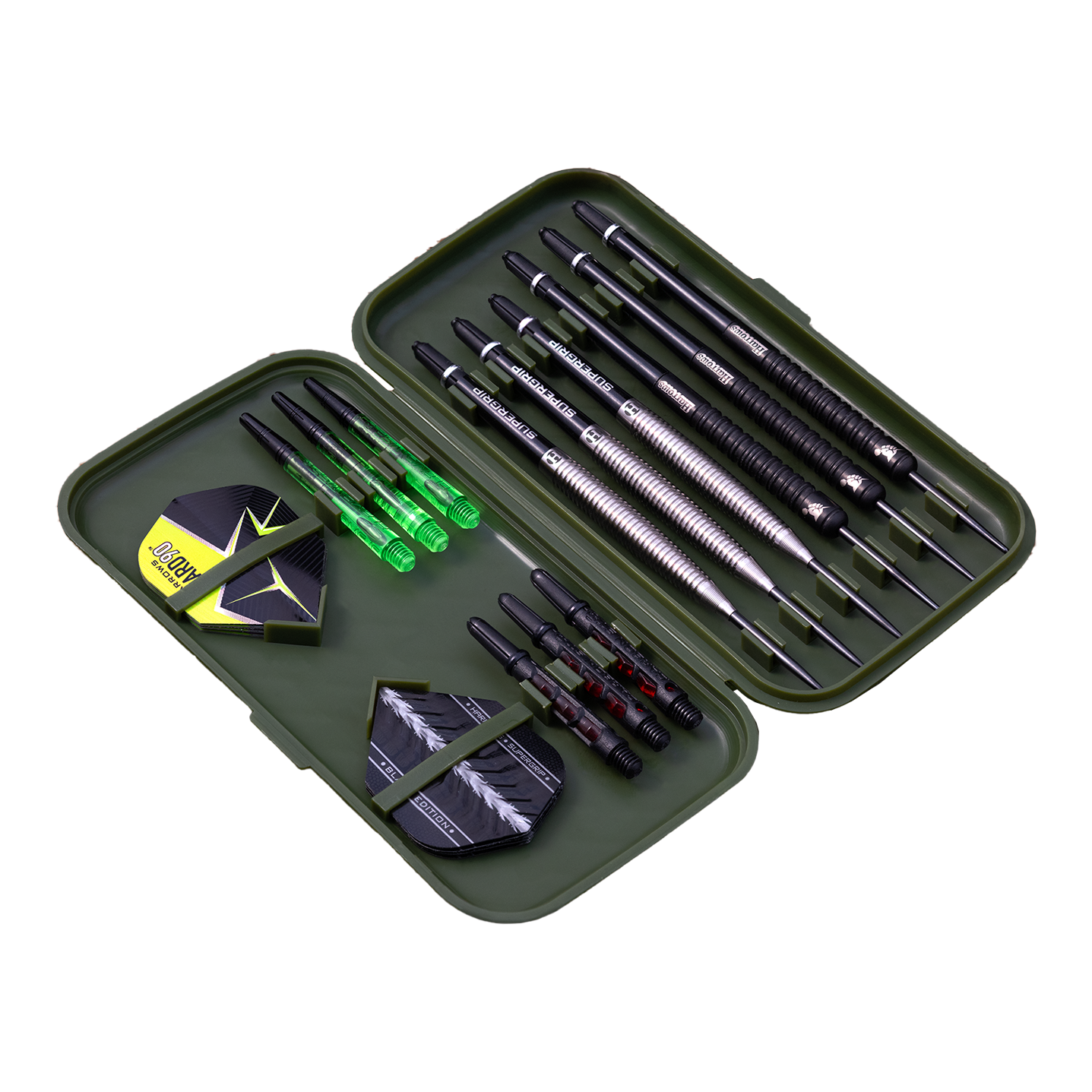 Harrows Slimcase Dart Case In diesem Bild ist ein offenes Dartcase mit mehreren Darts und Zubehör zu sehen. Das Etui enthält Dartpfeile, Flights und Ersatzschäfte in einer geordneten Anordnung.