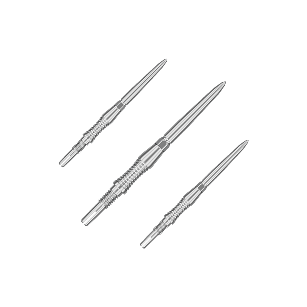 Das Bild zeigt ein Produkt mit dem Dateinamen 340300_Target_Swiss_Point_Dartspitzen_Signature_RST_Silber_30mm_1Set. Es scheint sich um ein Set silberner Dartspitzen mit 30 mm Länge zu handeln.