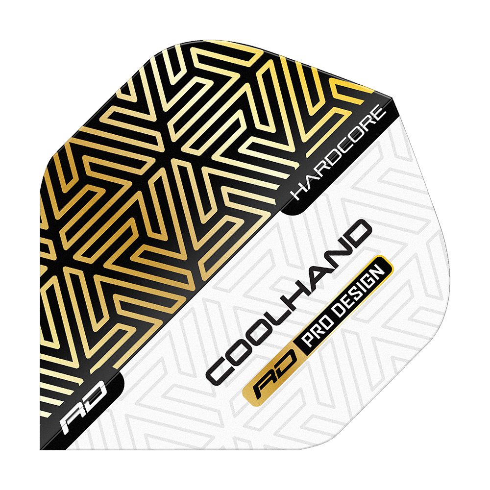 Red Dragon Hardcore Luke Humphries Gold White Premium Standard Flights Das Bild zeigt einen Dartflight mit gold-schwarzem und weißem geometrischen Muster. Auf dem Flight stehen die Worte "HARDCORE", "COOLHAND" und "RD PRO DESIGN".