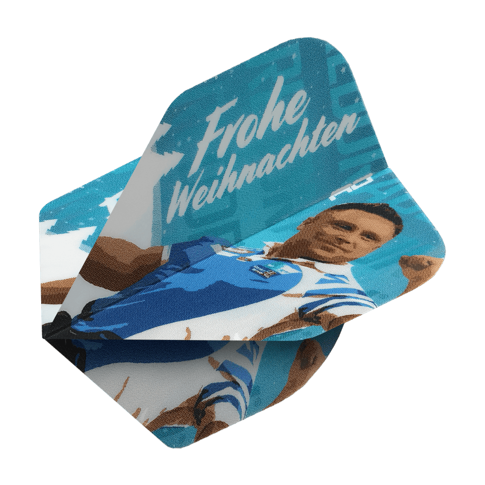 WF-8_Red_Dragon_Merry_Christmas_Flights_Gerwyn_Price_Blue_2 Das Bild zeigt Dart-Flights mit einem Weihnachtsmotiv in Blau. Auf den Flights steht "Frohe Weihnachten" und es ist ein Bild von Gerwyn Price abgebildet.