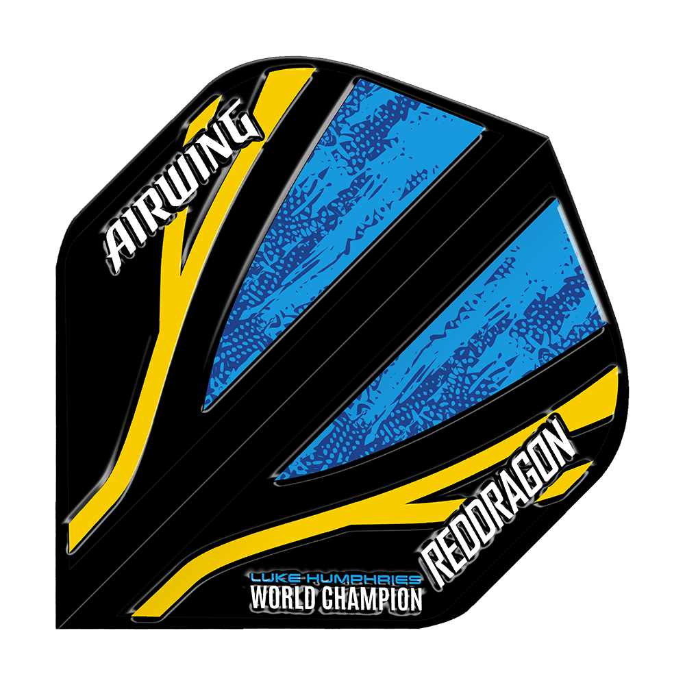 Red Dragon Airwing Luke Humphries World Champion Black Blue Standard Flights Das Bild zeigt ein Dart-Flight mit schwarzem, blauem und gelbem Design. Auf dem Flight stehen die Wörter "AIRWING", "REDDRAGON" und "LUKE HUMPHRIES WORLD CHAMPION".