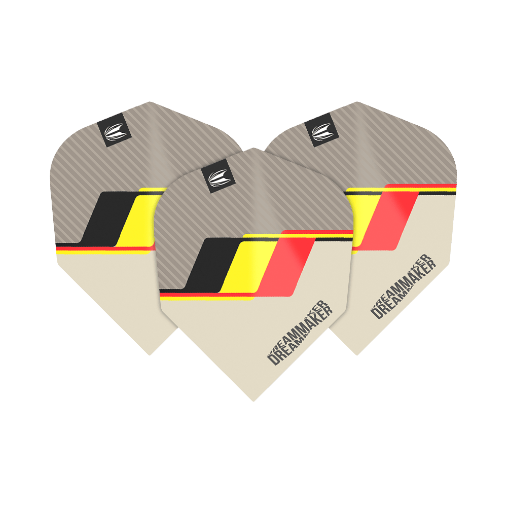 TG77_336500_Target_Pro_Ultra_Dimitri_Van_Den_Bergh_2022_No6_Flights_1Y2T6lpYnpGDcx Das Bild zeigt drei Target Pro Ultra Dimitri Van Den Bergh No6 Flights. Sie haben ein modernes Design mit den Farben Schwarz, Gelb und Rot sowie dem Schriftzug "DREAMMAKER".