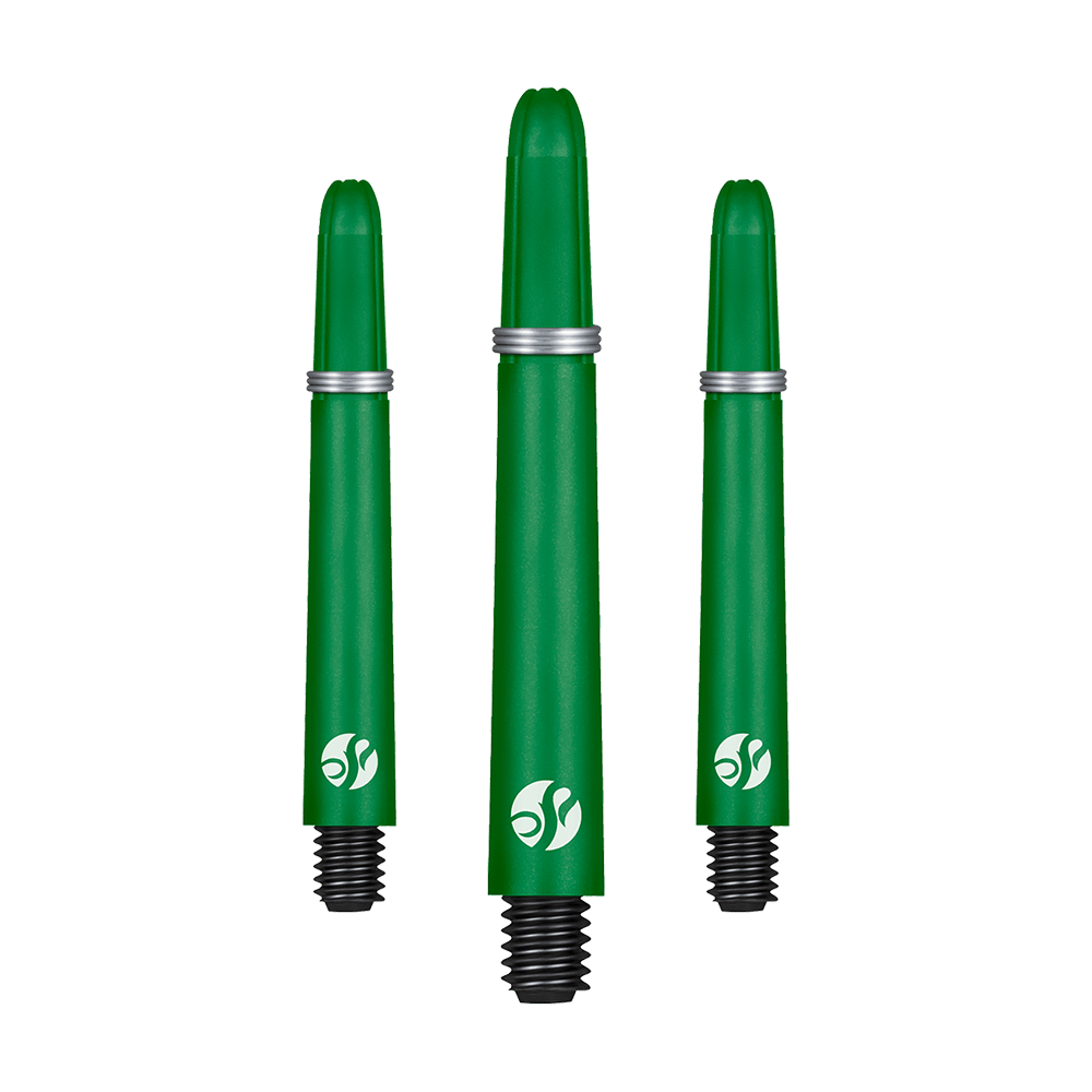 Auf dem Bild sind drei grüne Dartschäfte mit schwarzen Gewinden zu sehen. Sie haben silberne Ringe und ein weißes Logo am unteren Ende.