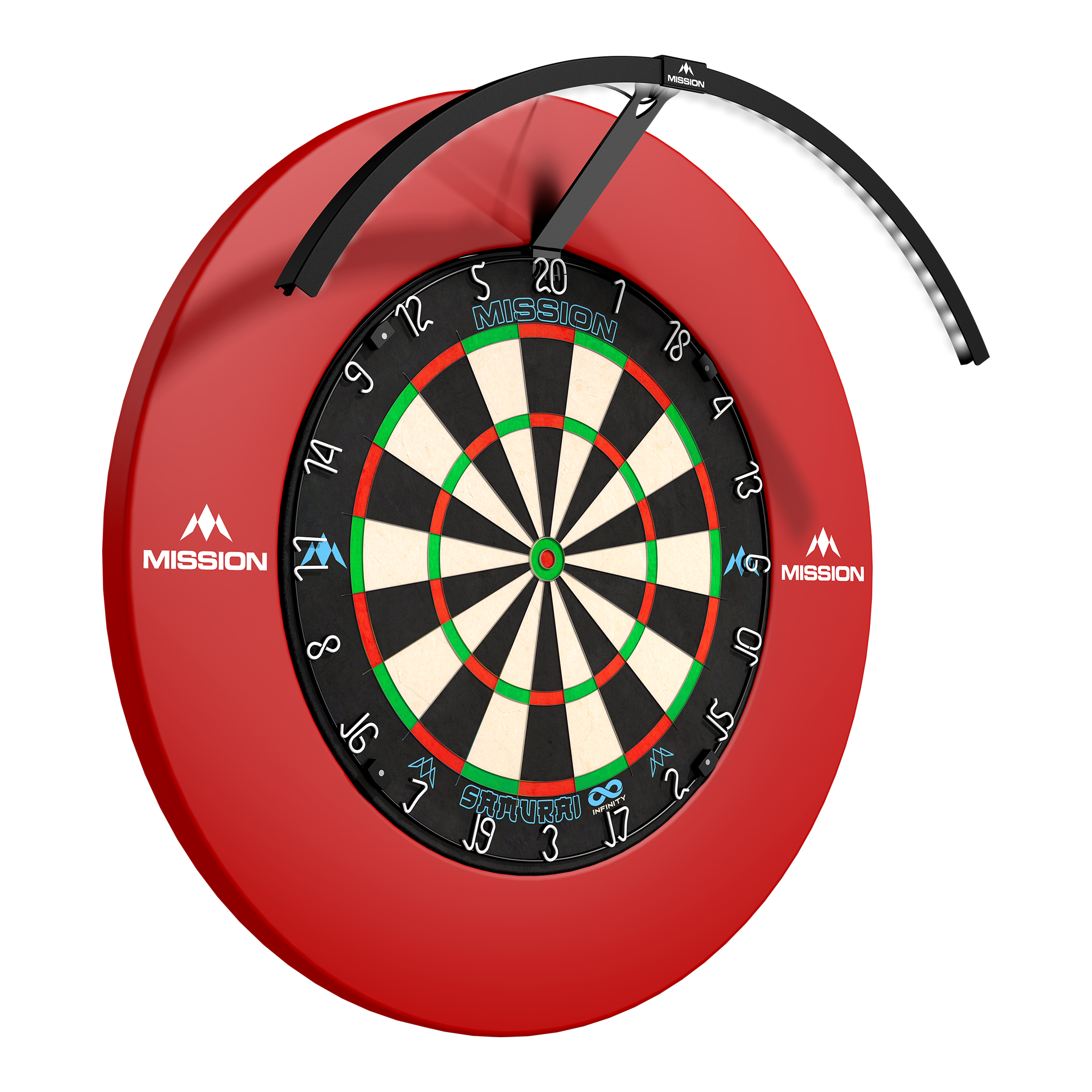 Mission Torus 120 LED Lighting System - Black Das Foto zeigt das Mission Torus 120 LED Beleuchtungssystem in schwarzer Farbe. Das Produkt ist für eine gleichmäßige Ausleuchtung des Dartboards konzipiert.