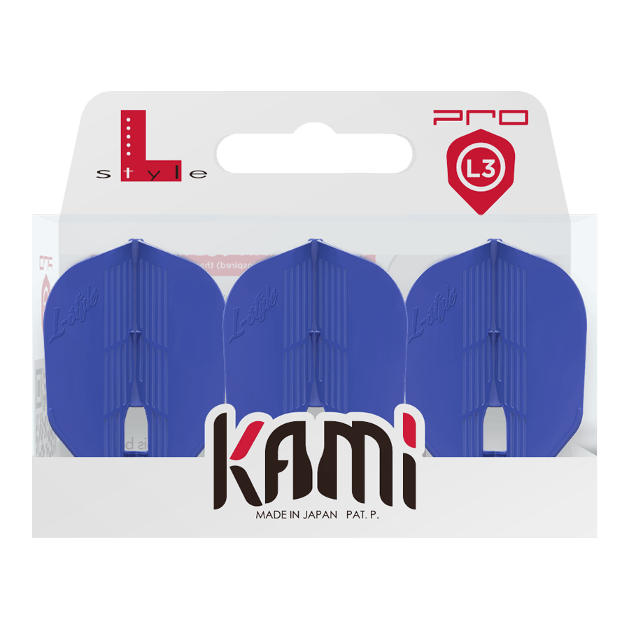 L-Style KAMI L3PRO Flights Das Bild zeigt eine Verpackung mit drei blauen Dart-Flights der Marke L-Style. Auf der Verpackung steht "kami" und "Made in Japan".