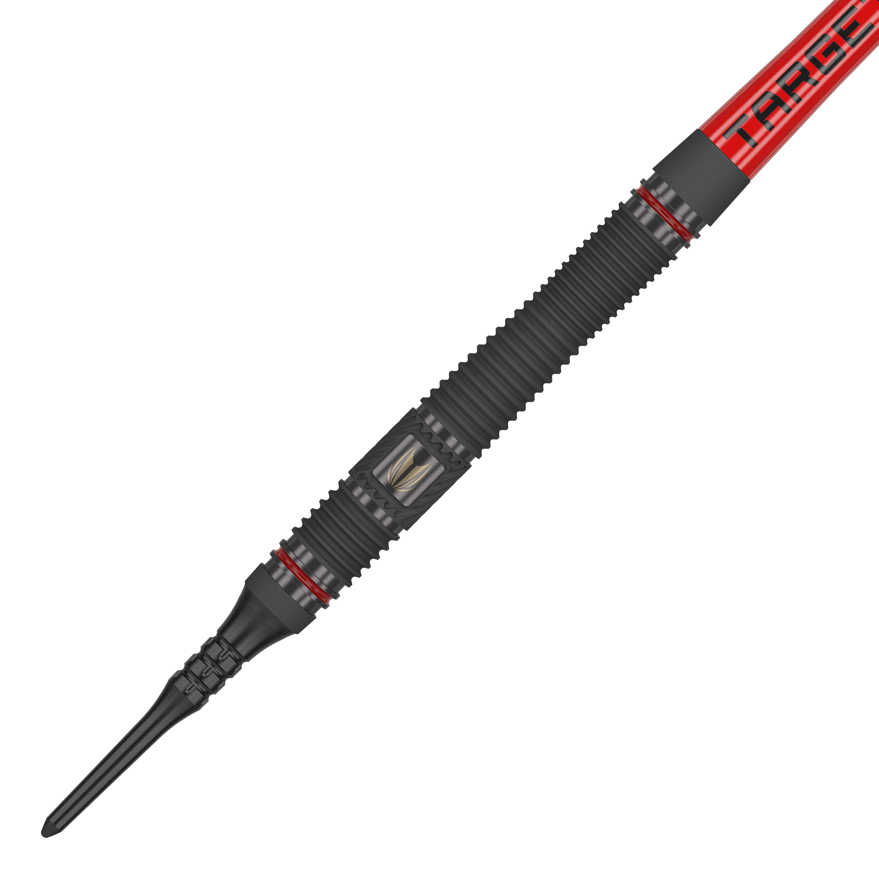 Target Scope 11 Soft Darts Das Bild zeigt einen Target Scope 11 Softdart. Der Dartpfeil ist überwiegend schwarz mit roten Akzenten und einer geriffelten Oberfläche für besseren Halt.