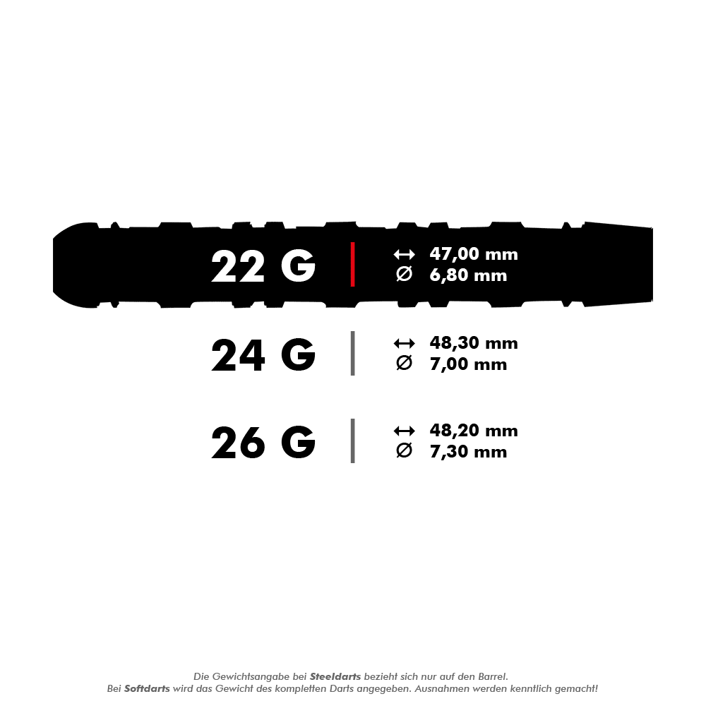 Unicorn Ballista Style 4 steel darts Das Bild zeigt die Maße und Gewichte von Unicorn Ballista Steeldarts in drei Varianten: 22g, 24g und 26g. Für jede Variante sind die Länge und der Durchmesser des Barrels in Millimetern angegeben.