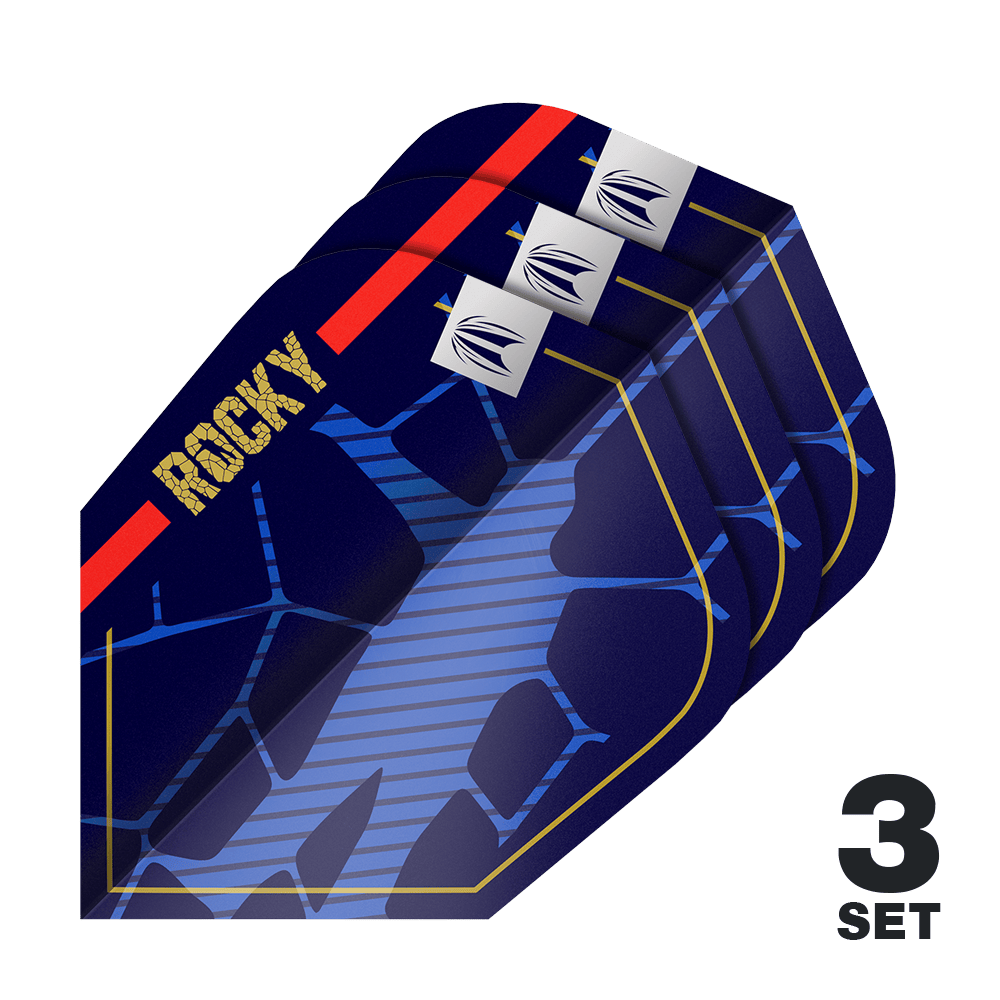 Target Pro Ultra Josh Rock GEN1 Ten-X Flights - 3 Sets Das Bild zeigt drei Sätze der Target Pro Ultra Josh Rock GEN1 Ten-X Flights. Die Flights sind dunkelblau mit goldenen, roten und blauen Akzenten und dem Schriftzug "ROCKY".