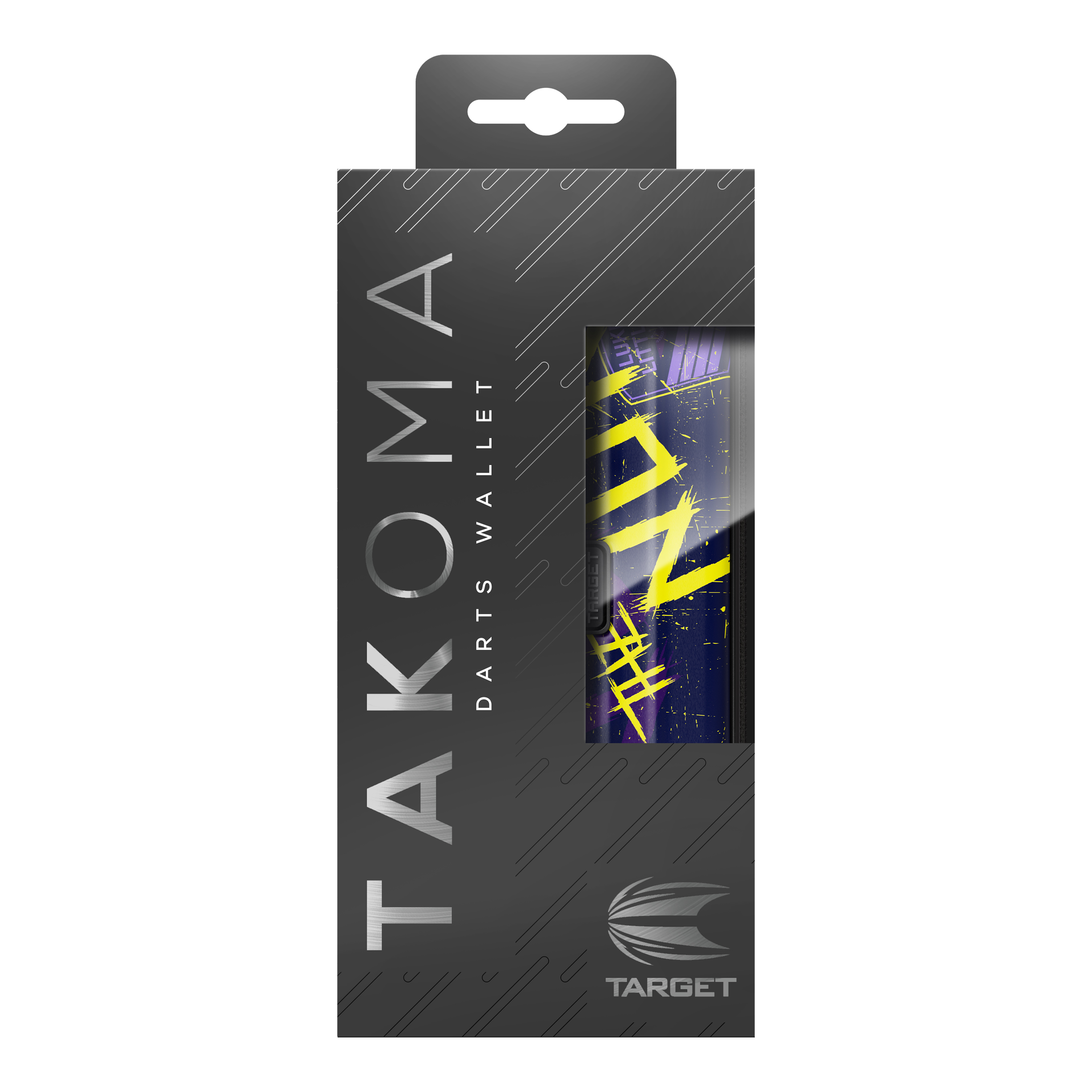 Target Takoma Luke Littler dart case Die Abbildung zeigt die Verpackung des "Target Takoma Luke Littler Dartcase". Die Schachtel ist überwiegend schwarz mit silberner Schrift und einem Sichtfenster, das einen Teil des Dartcase-Designs zeigt.