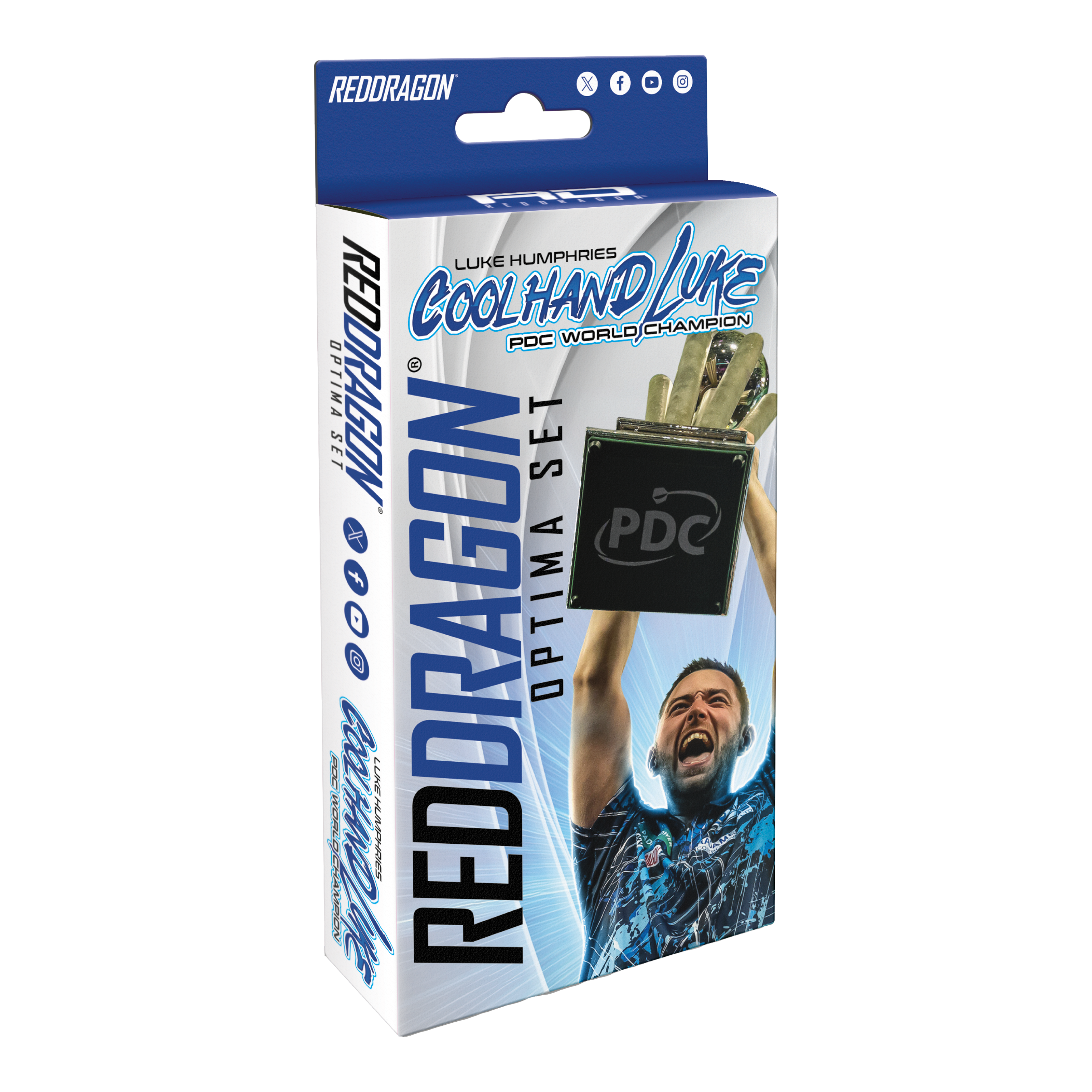 Red Dragon Luke Humphries Optima Accessory Pack Die Verpackung zeigt das Produkt "Red Dragon Luke Humphries Optima Zubehör Pack". Auf der Vorderseite ist ein jubelnder Luke Humphries und ein Pokal abgebildet.