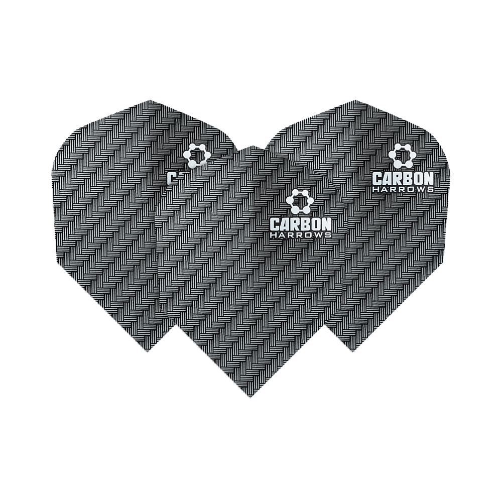 HR51_Harows_Carbon_No6_Flights_Grau_11lMcTDDdTAiPo Das Bild zeigt die Harrows Carbon Flights HR51 mit einem schwarzen Karbonmuster. Auf den Flights steht der Schriftzug „CARBON HARROWS“.