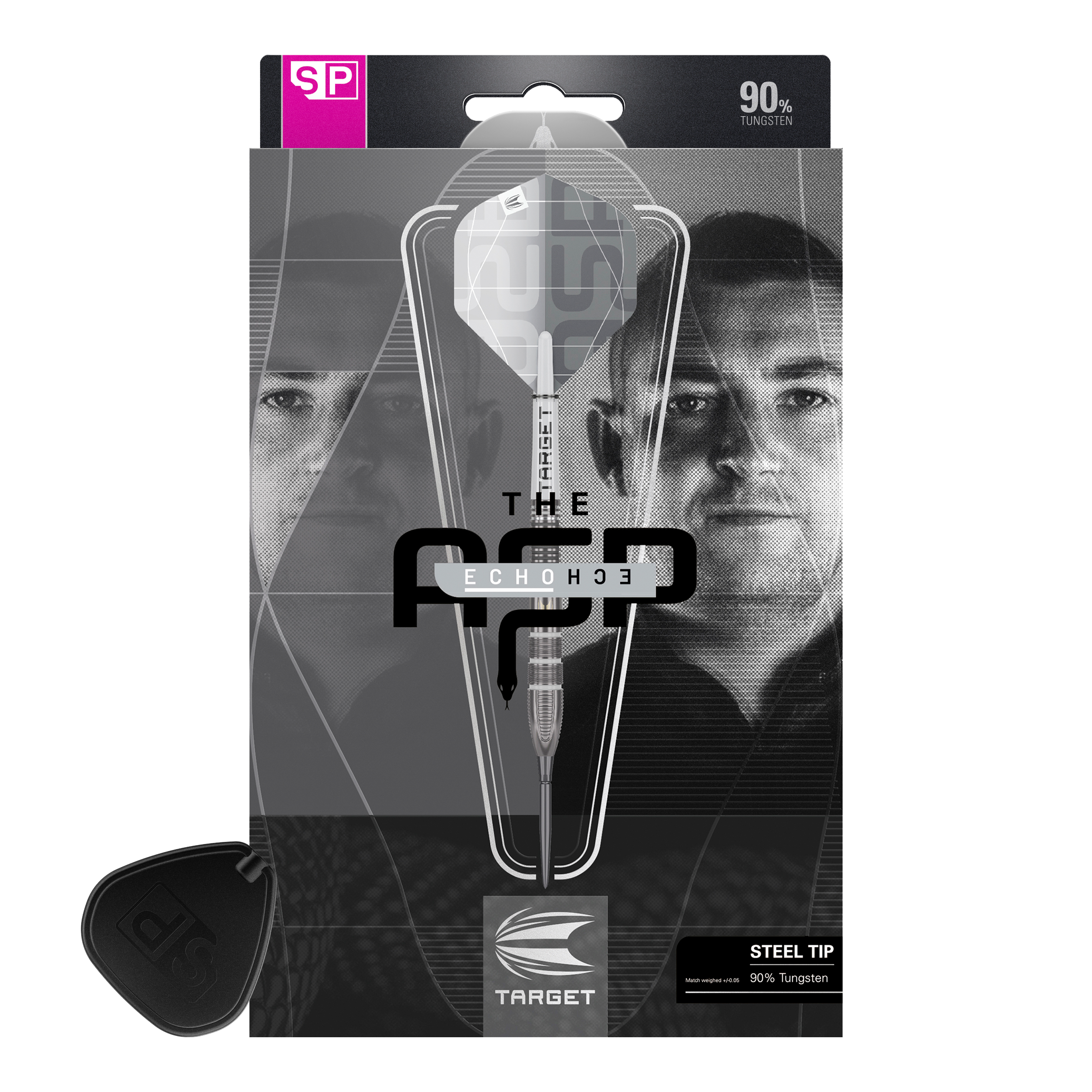 Target Nathan Aspinall X Echo Swiss Point steel darts Die Verpackung zeigt die Target Nathan Aspinall X Echo Swiss Point Steeldarts. Auf der Vorderseite sind ein Dartpfeil und das Porträt eines Mannes zu sehen.