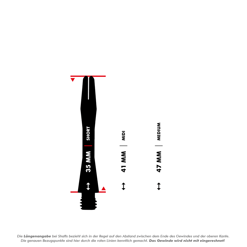 HR366_Harrows_Keramic_Shafts_5_35mm87YK1ve7QrOo3 Das Bild zeigt drei verschiedene Längen der Harrows Keramic Shafts - White: 35 mm (Short), 41 mm (Midi) und 47 mm (Medium). Die Längenangaben beziehen sich auf den Abstand zwischen dem Ende des Gewindes und der oberen Kante.