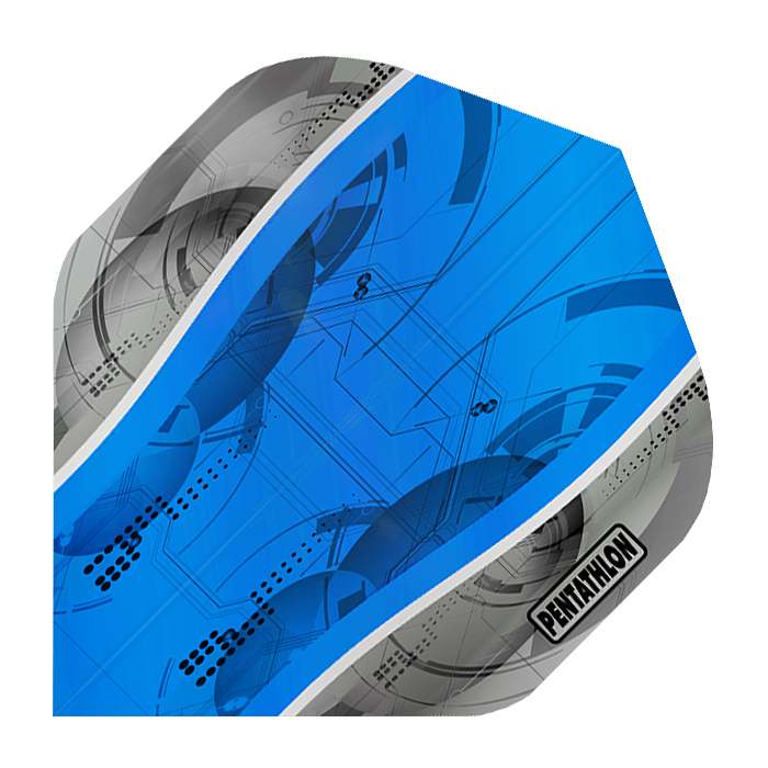 P-216-Penathlon-Silver-Edge-Blue-Flights Das Bild zeigt die "Pentathlon Silver Edge Blue Flights" mit einem futuristischen blauen Design und silbernen Rändern. Das Wort "Pentathlon" ist auf einem der silbernen Bereiche gut sichtbar gedruckt.