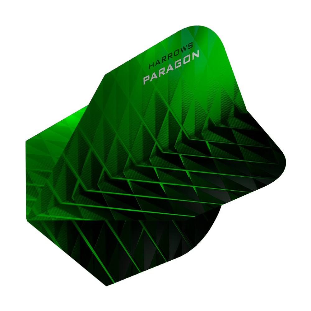 HR7600_Harrows_Paragon_Green_No2_Standard_Flights_3 Das Bild zeigt das Produkt "Harrows Paragon Green No2 Standard Flights". Es hat ein grünes, geometrisches Design und ist für Dartpfeile gedacht.