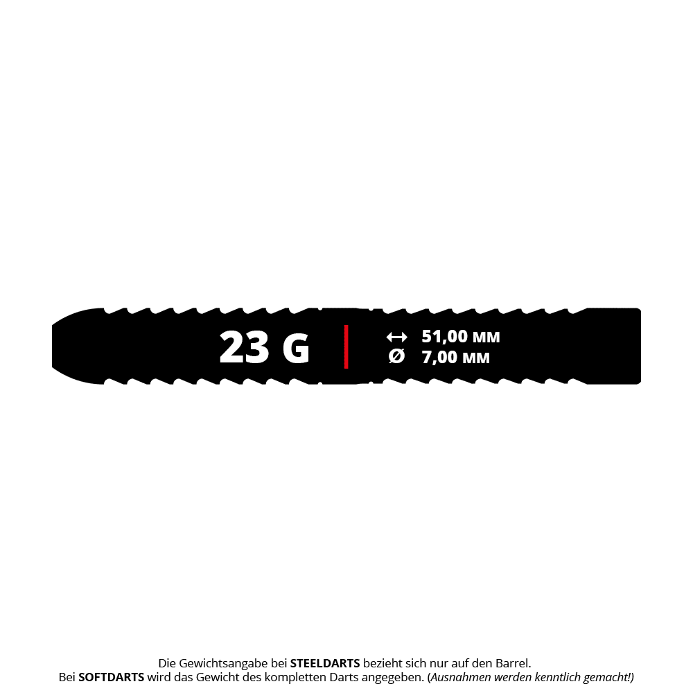 Mission Llew Bevan Black Red Electro Steeldarts - 23g. Schwarze und rote Steeldarts mit einem Gewicht von 23 Gramm.