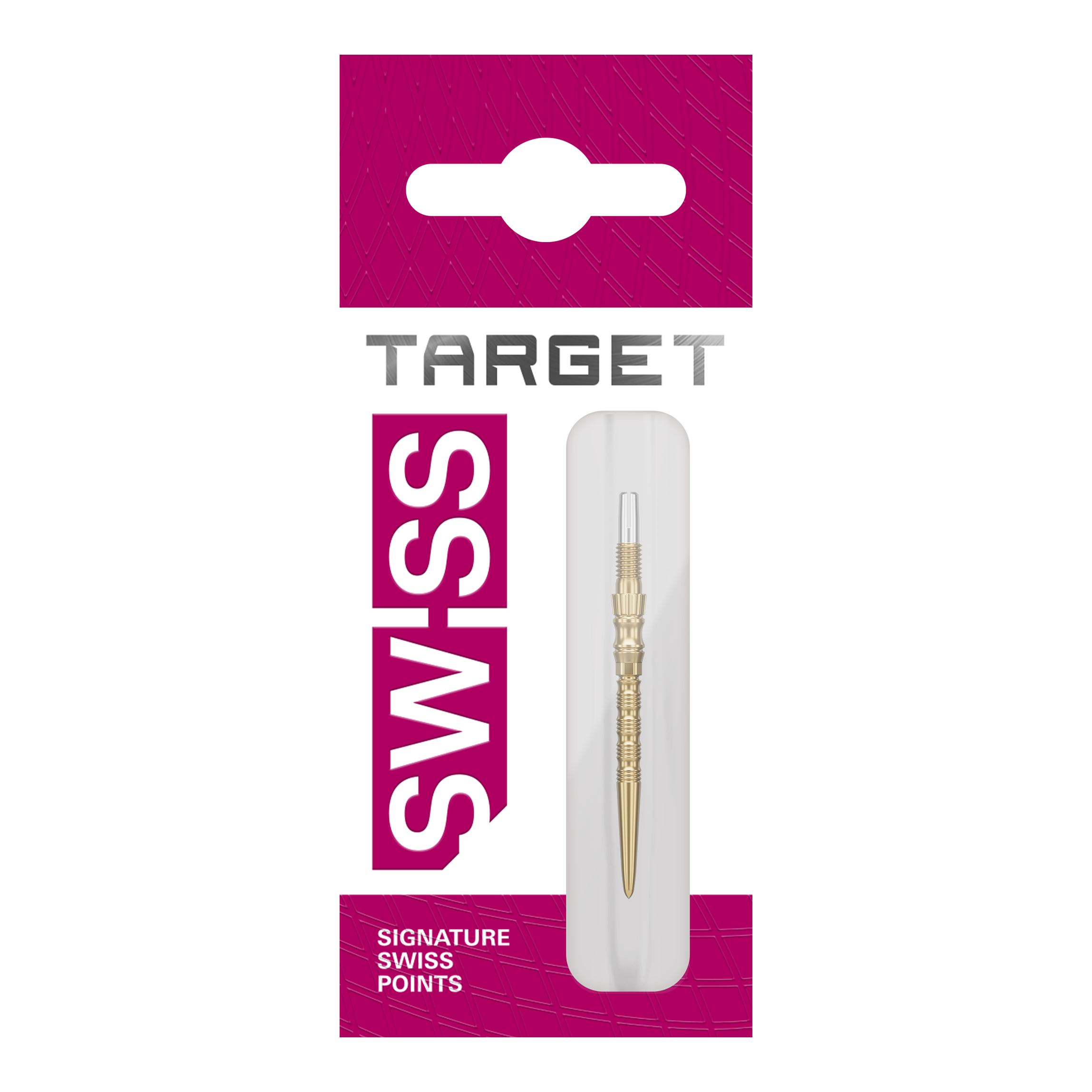 Target Signature Swiss Point TRB steel dart tips - gold Drei goldene Target SwissPoint Signature TRB Dartspitzen mit 30mm Länge werden dargestellt. Die Spitzen liegen nebeneinander.