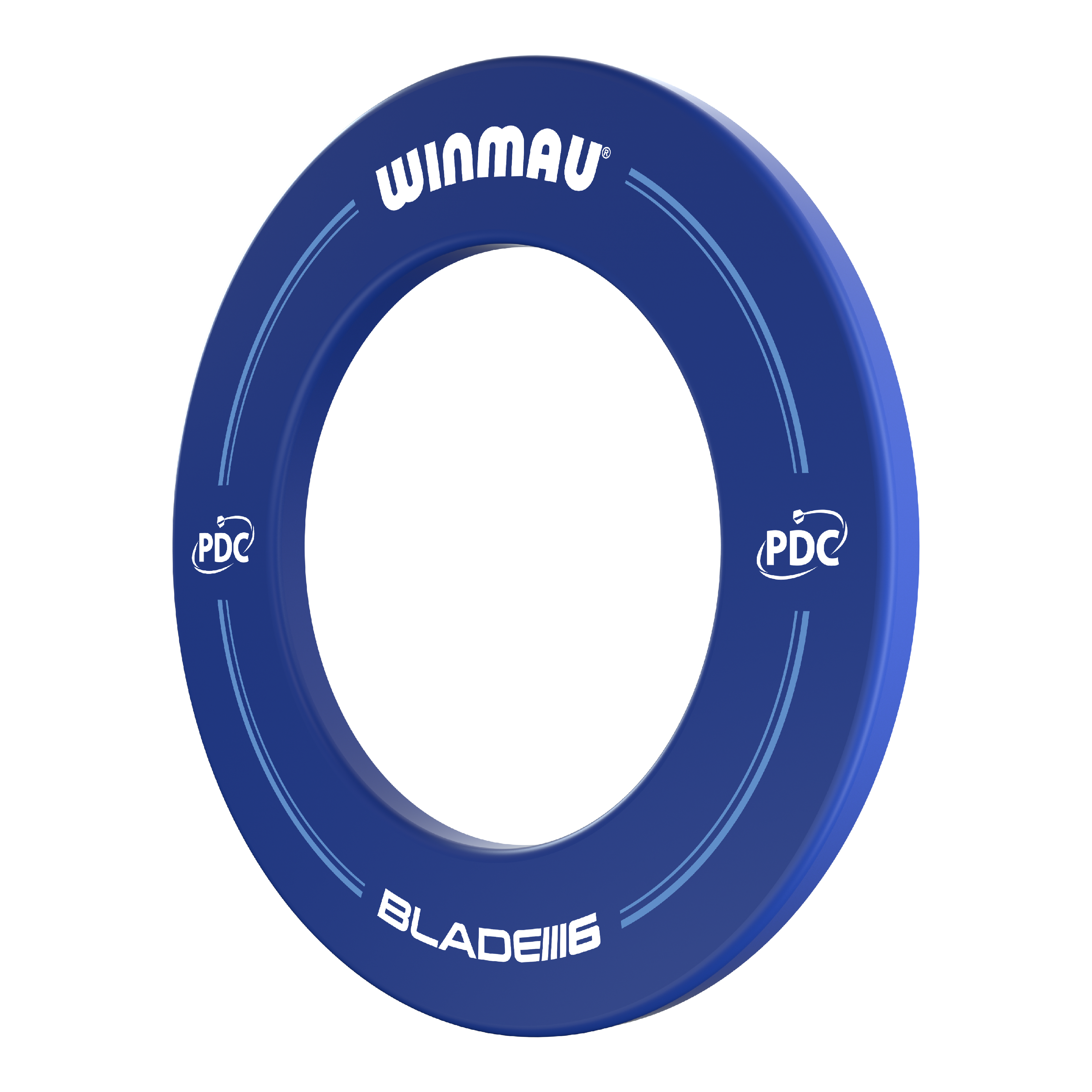 Winmau PDC Dartboard Surround - Blue Das Bild zeigt einen blauen Dartboard-Surround der Marke Winmau mit der Aufschrift "PDC" und "Blade 6". Er schützt die Wand rund um die Dartscheibe vor Treffern.
