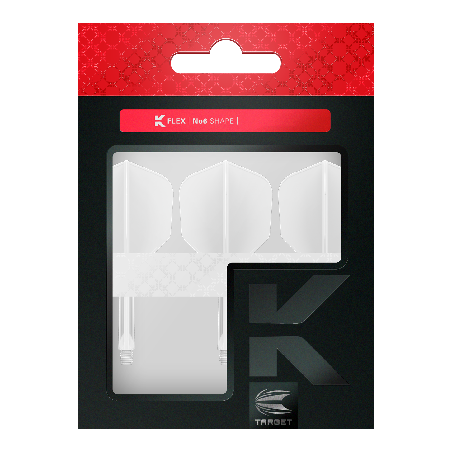 Target K-Flex No6 Flight System - White Das Bild zeigt eine Verpackung mit drei weißen Dartflights im No6-Format der Marke Target. Die Verpackung ist überwiegend schwarz mit einem roten oberen Bereich und einem Sichtfenster für die Flights.