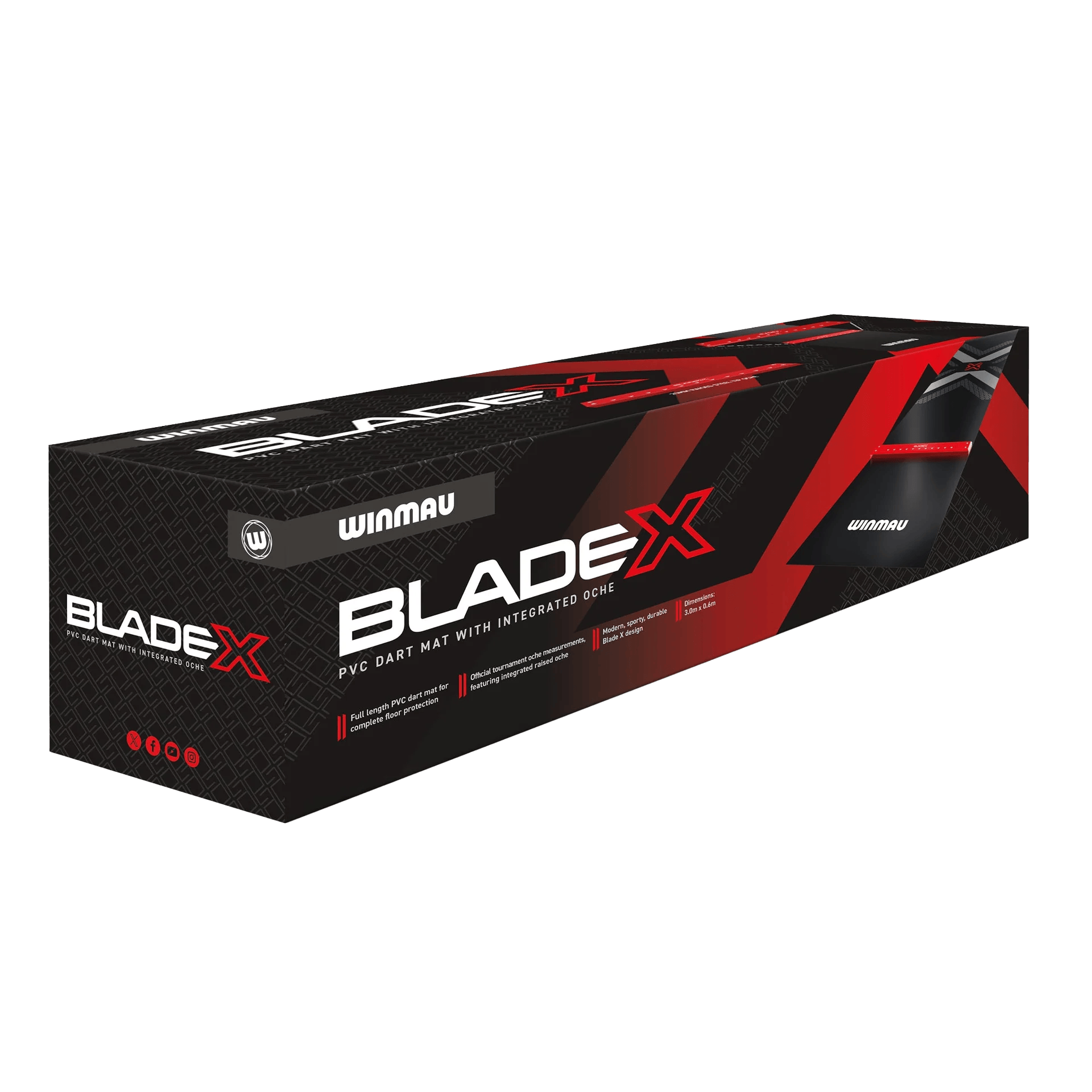 Dieses Bild präsentiert die Winmau Blade X PVC Dartmatte. Sie bietet festen Halt und verhindert Schäden am Boden beim Dartspielen.