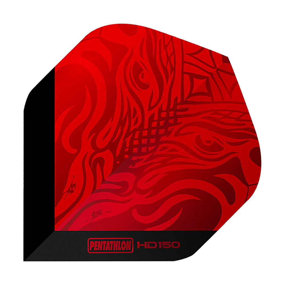 Pentathlon HD150 Metallic Red Standard Flights Das Bild zeigt ein rotes Dartflight mit einem abstrakten Muster. Unten steht der Schriftzug „Pentathlon HD150“.