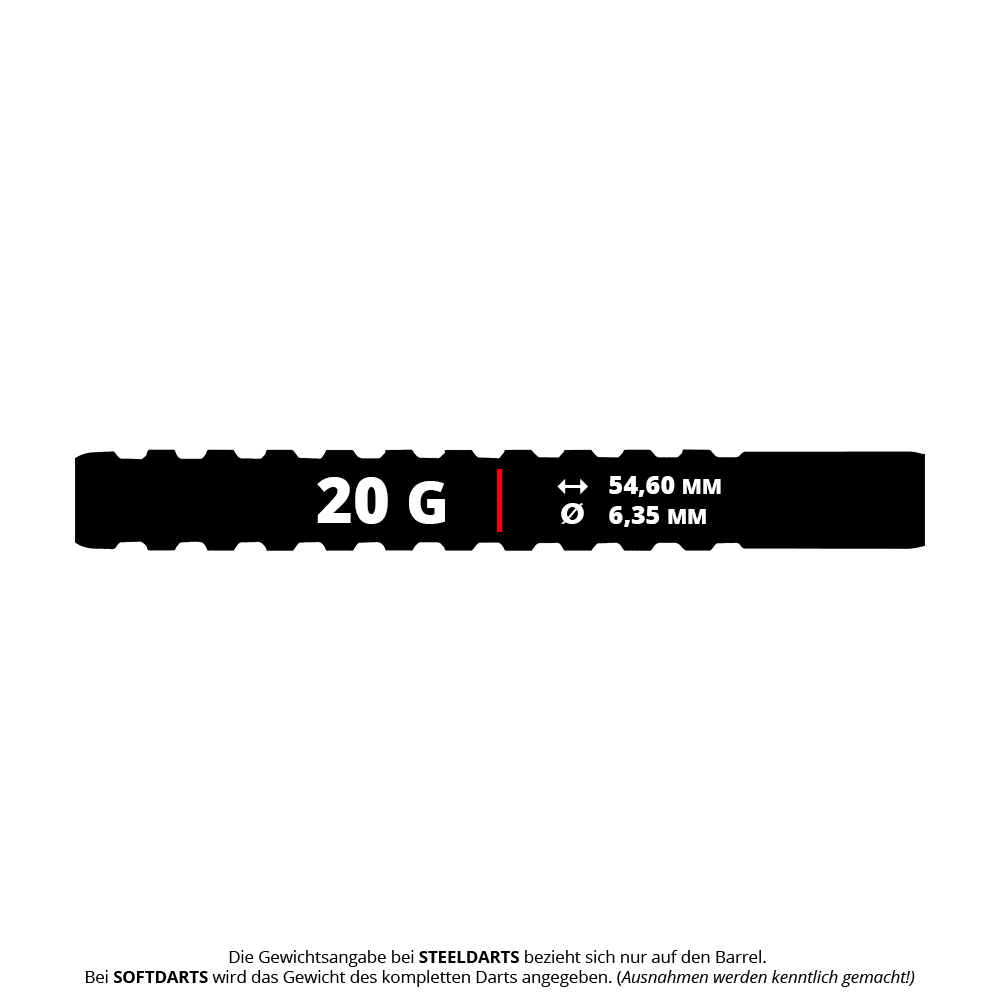 Red Dragon Javelin Speedline Soft Darts - 20g Das Bild zeigt die Maße und das Gewicht des Produkts "Red Dragon Javelin Speedline Softdarts - 20g". Der Dart wiegt 20 Gramm, ist 54,60 mm lang und hat einen Durchmesser von 6,35 mm.