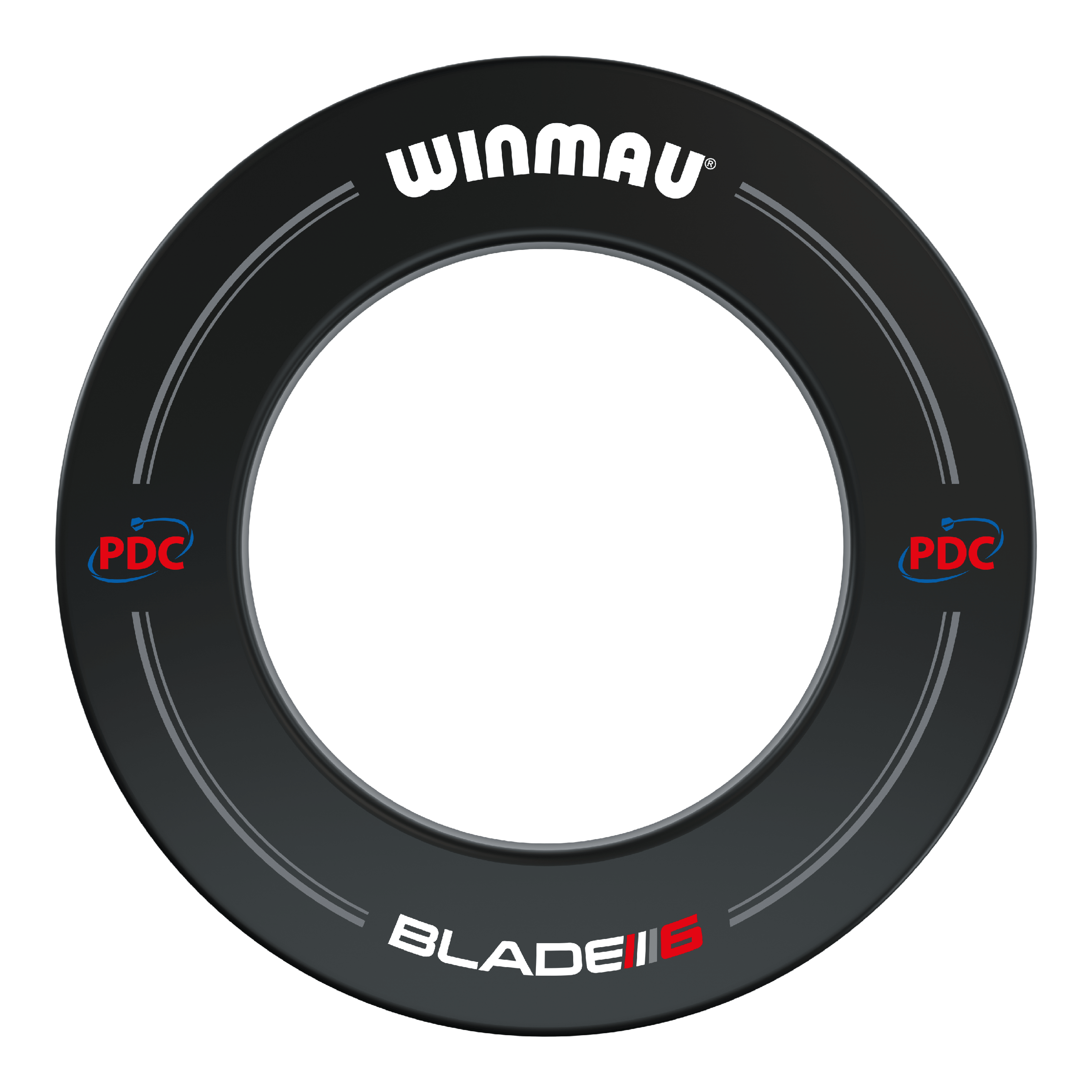 Winmau PDC Dartboard Surround - Black Das Bild zeigt einen schwarzen Winmau PDC Dartboard Surround. Auf dem Surround sind die Logos von Winmau, PDC und Blade 5 zu sehen.