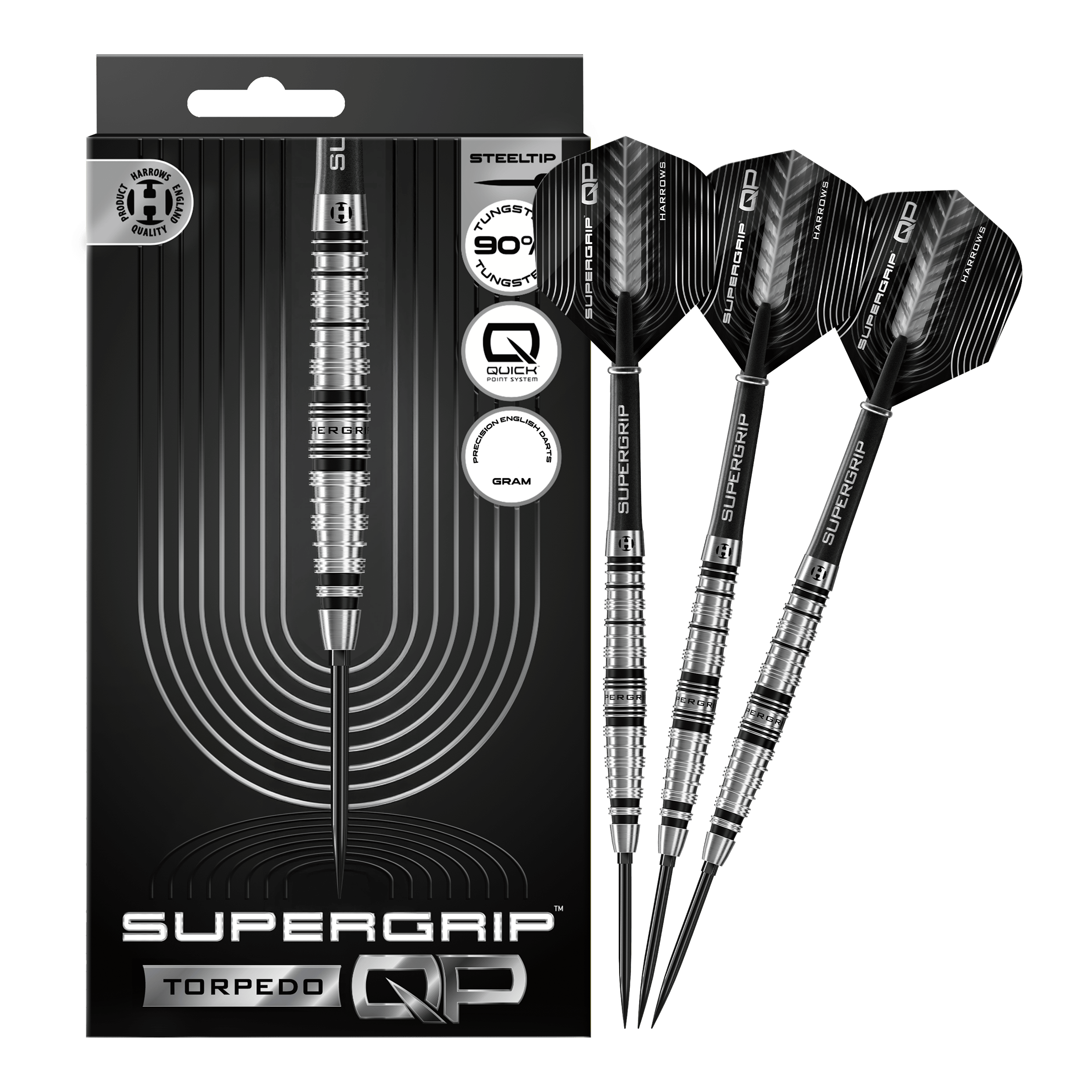 Abgebildet sind Harrows Supergrip Torpedo Quick Point Steeldarts. Die Steeldarts sind vollständig dargestellt.