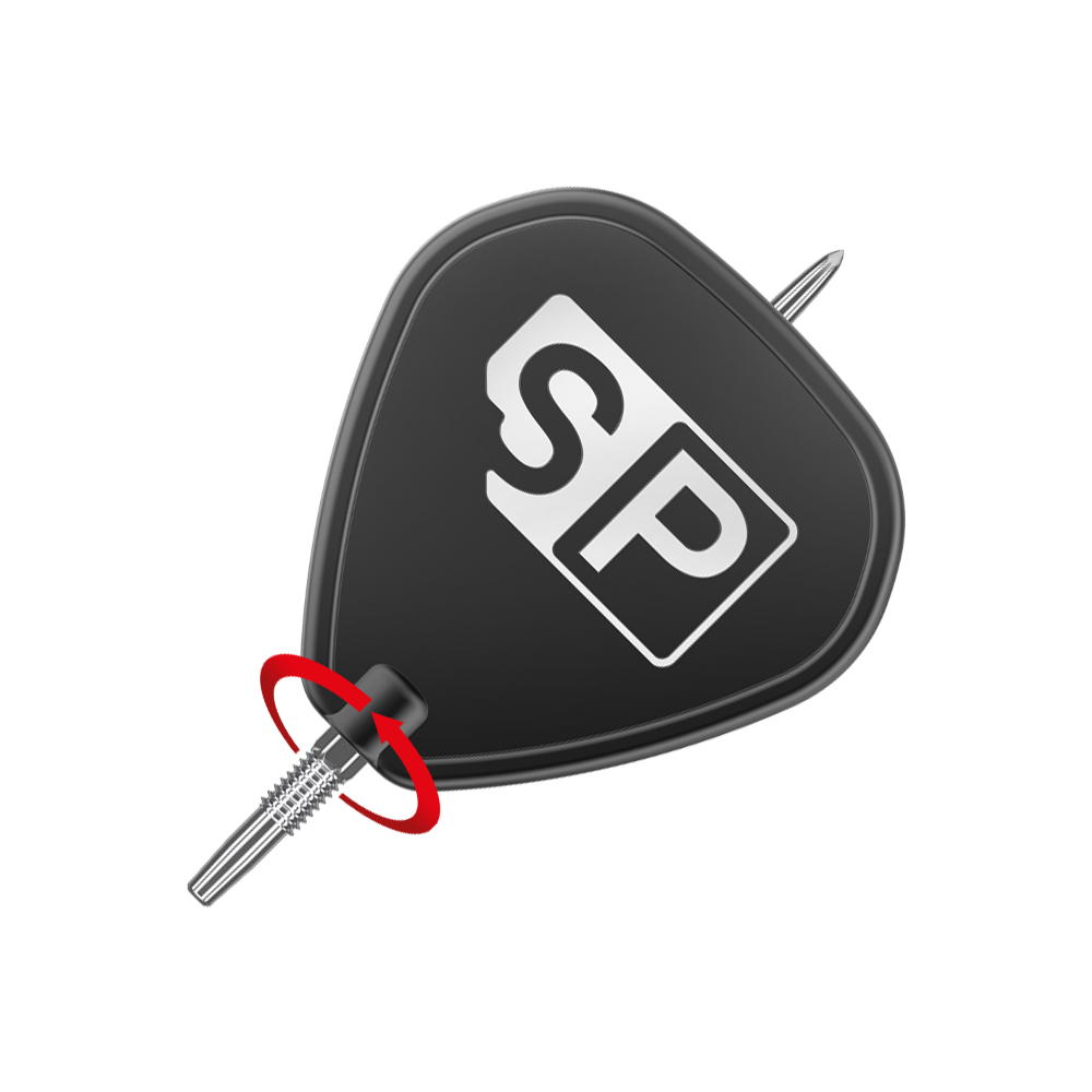 Target Swiss Point GRD Silver dart tips Das Bild zeigt eine silberne Dartspitze der Marke "Target Swiss Point GRD". Die Spitze ist an einem schwarzen Flightschutz mit den Buchstaben "SP" befestigt.