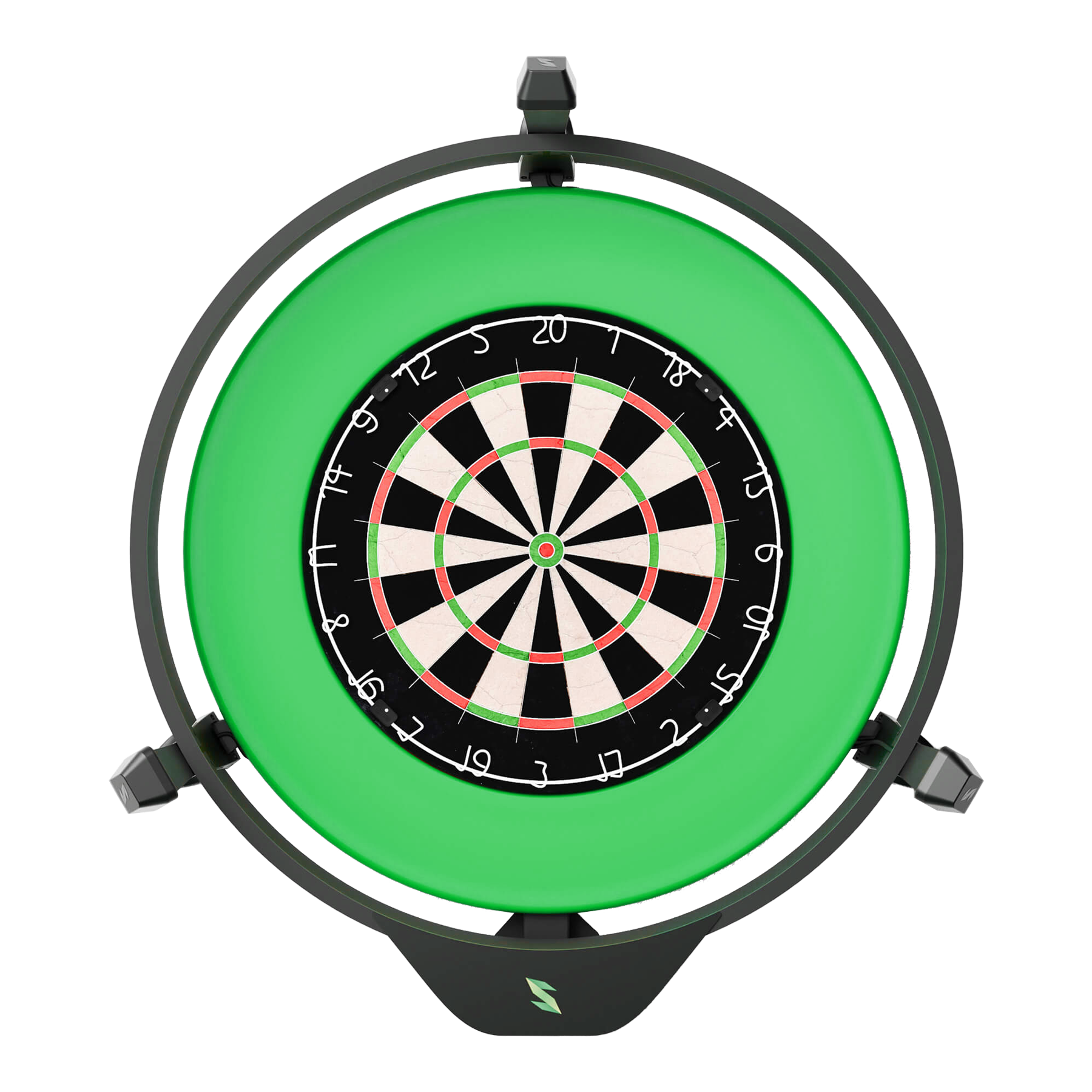 Scolia Home 2 Electronic Autoscoring System with Lighting Ring 2026 Das Bild zeigt das Produkt "Scolia Home 2 Electronic Score System mit Beleuchtungsring". In der Mitte befindet sich eine Dartscheibe, die von einem grünen Leuchtring umgeben ist.