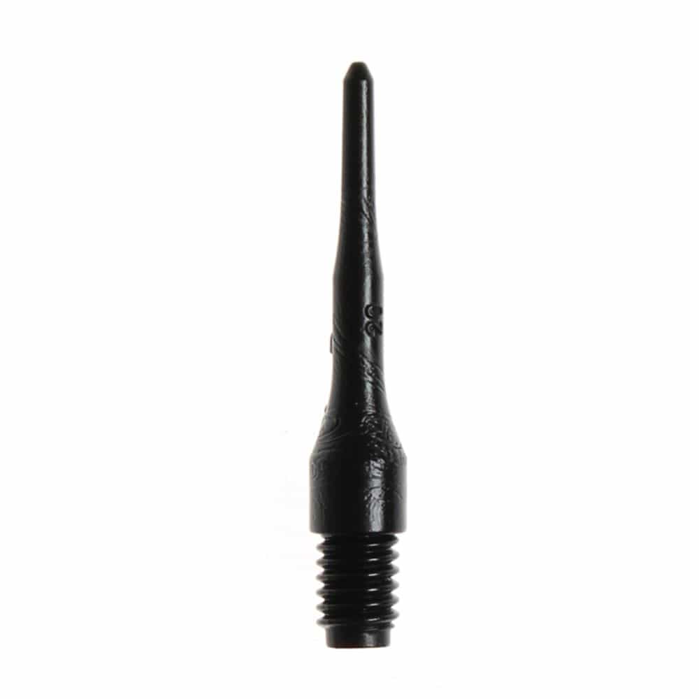 Evo-Long-Spitze-Schwarz5b44a1dc5714b Das Bild zeigt eine einzelne schwarze Dartspitze mit Gewinde. Es handelt sich um das Produkt "Evolution LONG-Spitzen (100er Pack)".