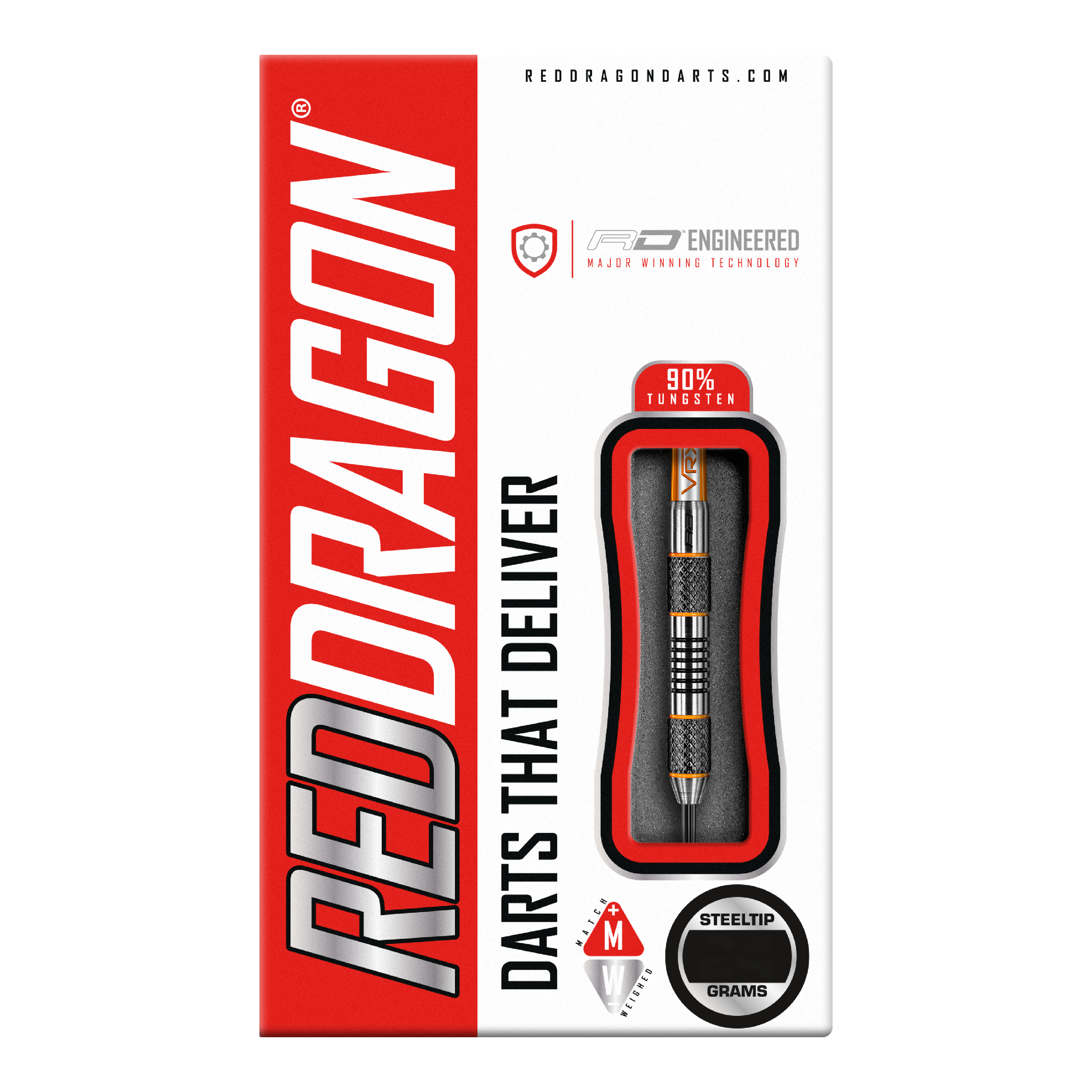 Red Dragon Amberjack 5 steel darts - 24g Die Abbildung zeigt die Verpackung der "Red Dragon Amberjack 5 Steeldarts - 24g". Auf der Packung sind ein sichtbarer Dartpfeil und die Aufschrift "Darts That Deliver" zu sehen.