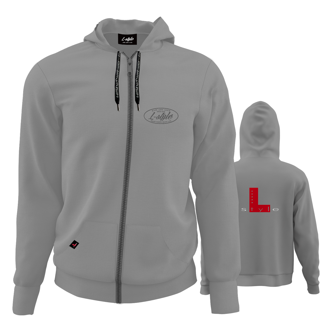L-Style Hoodie - Grey Der "L-Style Hoodie - Grau" ist ein grauer Kapuzenpullover mit Reißverschluss und schwarzem Kordelzug. Auf der Vorderseite befindet sich ein dezentes Logo, auf dem Rücken ein großes rotes "L" mit dem Schriftzug "style".