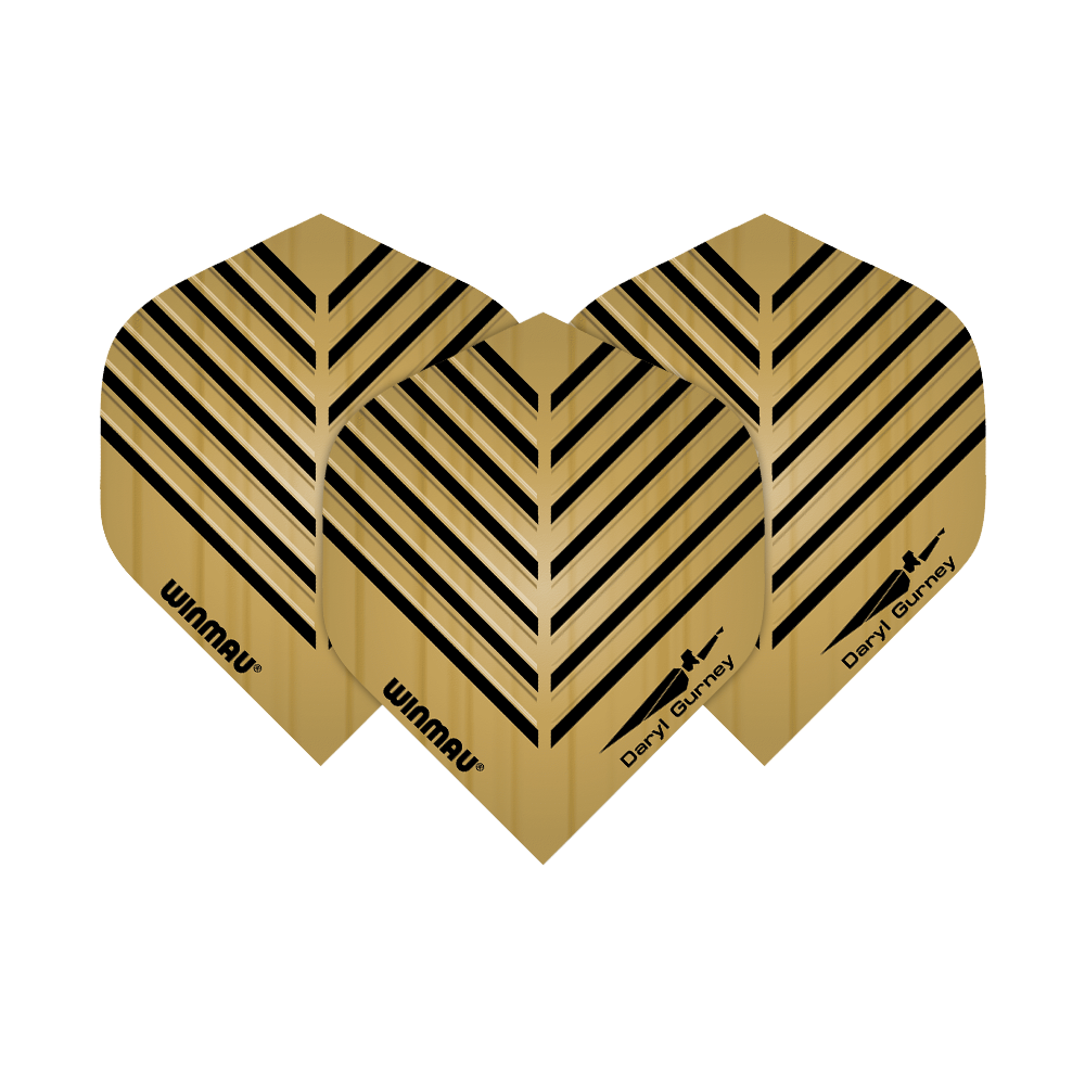 6800-114_Winmau_Daryl_Gurney_Embossed_Flights_1 Das Bild zeigt drei goldene Dartflights mit schwarzen, V-förmigen Linien. Auf den Flights stehen die Namen "Winmau" und "Daryl Gurney".