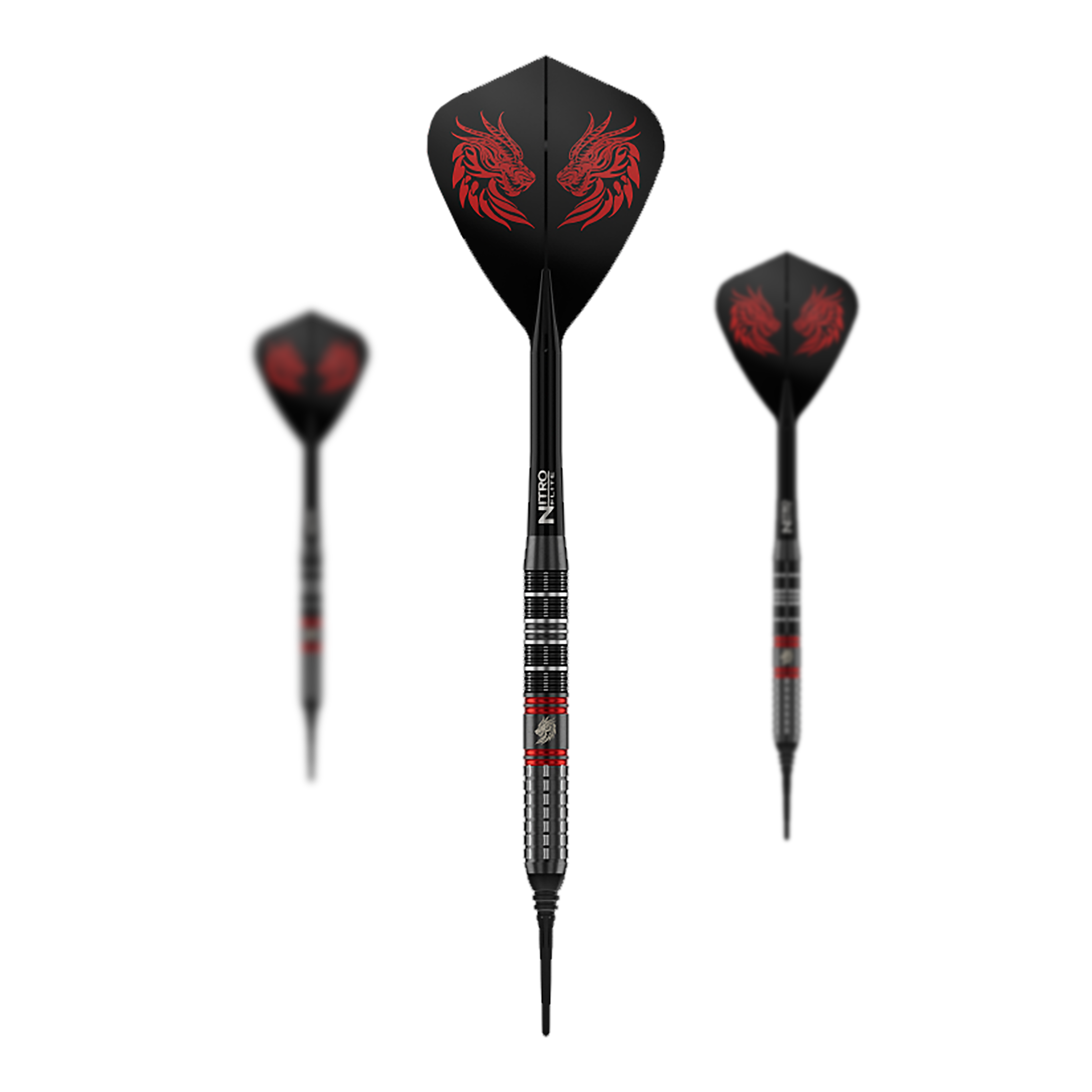 Red Dragon Jonny Clayton RD-ULTRA soft darts - 18g Zu sehen ist ein Set der Red Dragon Jonny Clayton RD-ULTRA Softdarts mit 18g Gewicht. Die drei Darts haben schwarze, silberne und rote Details und sind nebeneinander platziert.
