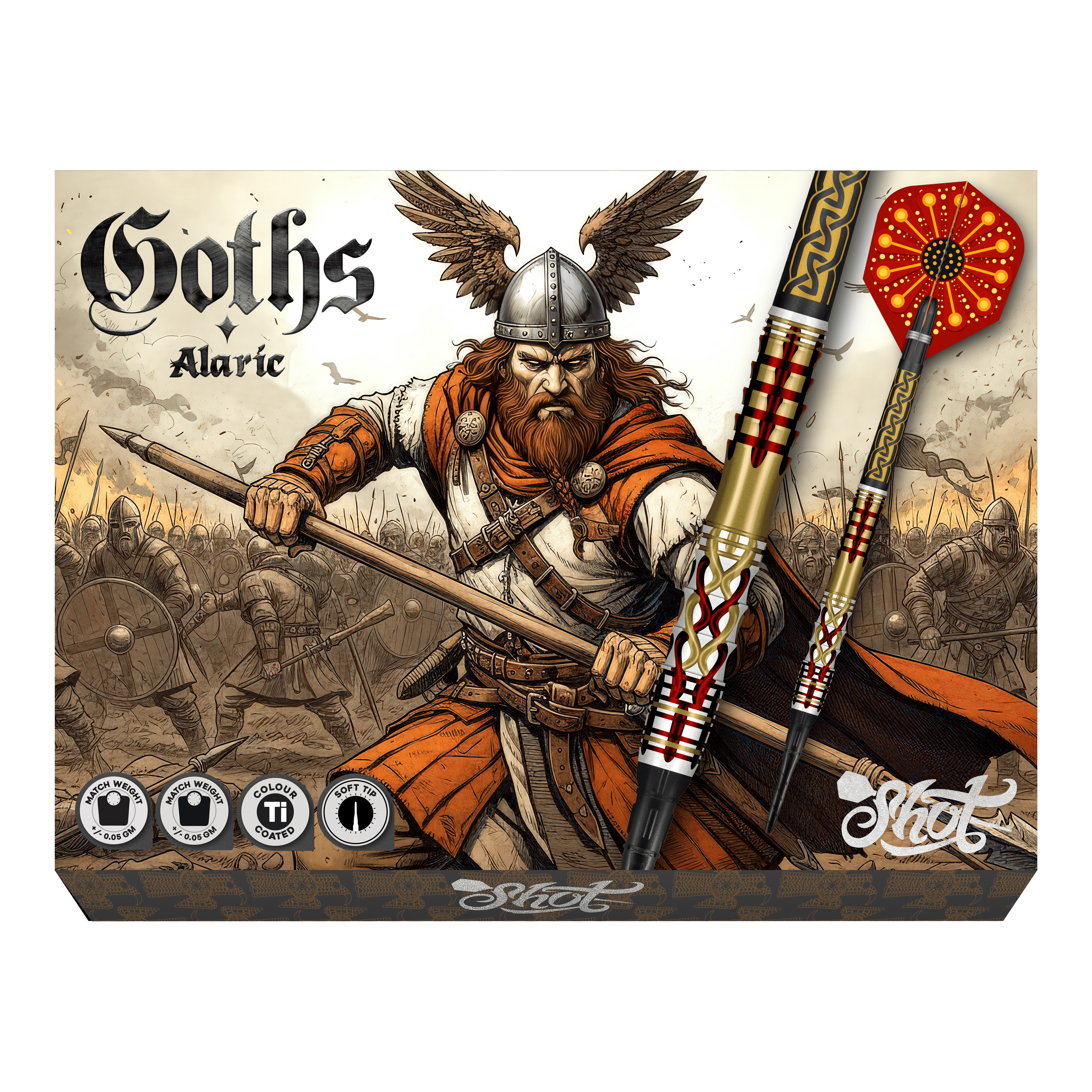 Shot Goths Alaric Soft Darts - 20g Abgebildet sind Shot Goths Alaric Softdarts mit einem Gewicht von 20g. Die Darts eignen sich perfekt für das Softdart-Spiel.