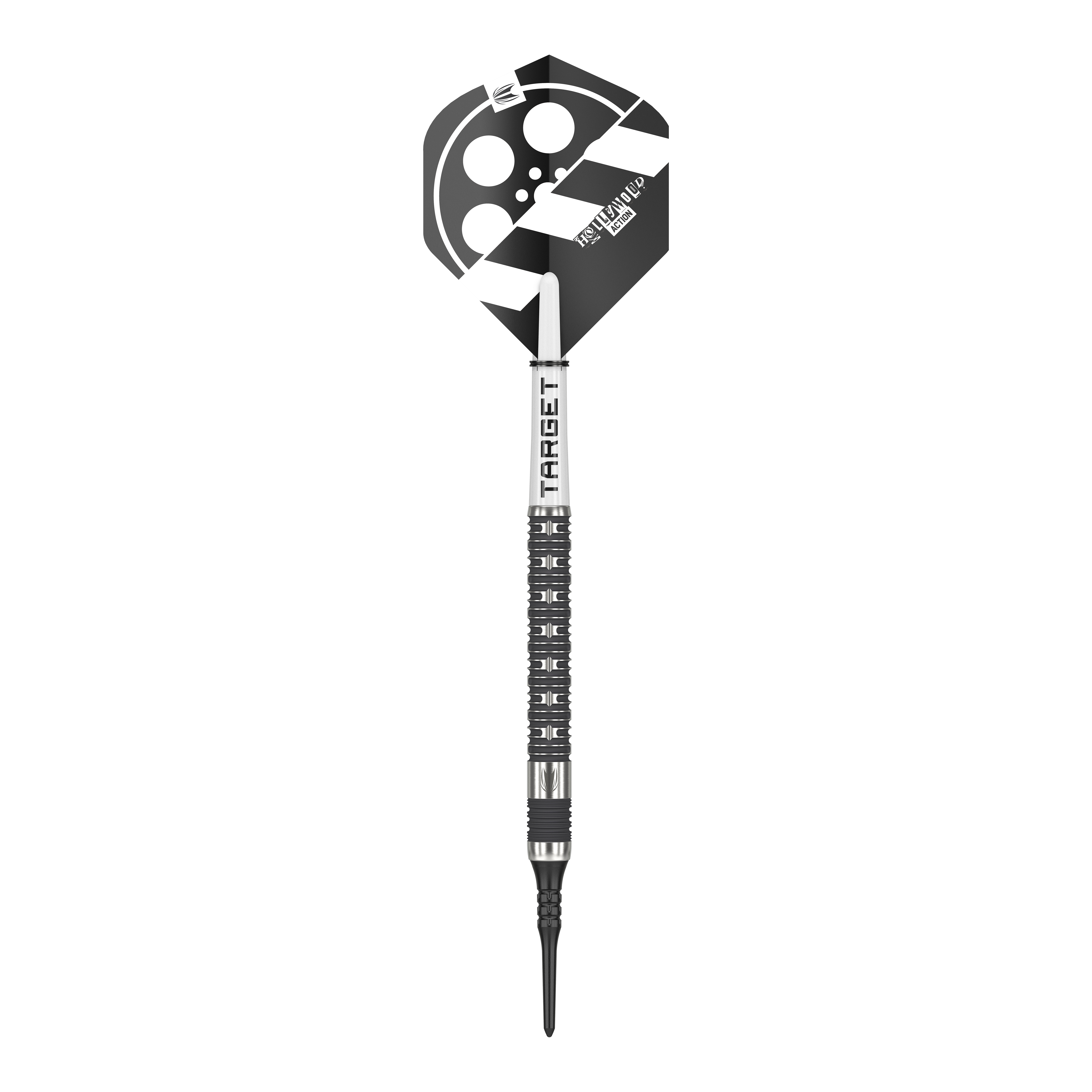 Target Chris Dobey Hollywood Action Softdarts - 20g Das Bild zeigt einen Target Chris Dobey Hollywood Action Softdart mit einem Gewicht von 20g. Der Dart hat ein schwarz-weißes Flight-Design, das an eine Filmklappe erinnert.
