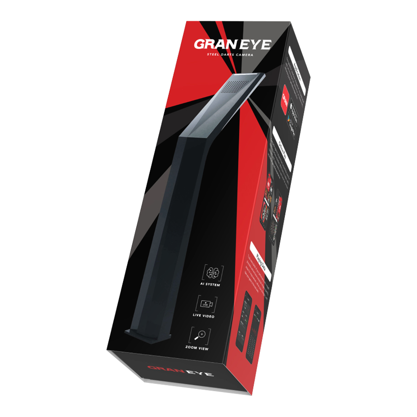 Das Bild zeigt die Verpackung des Produkts "GranDarts GranEye Steeldart Auto-Scoring-System". Auf der Schachtel sind ein Bild des Geräts sowie Hinweise auf Funktionen wie KI-System, Live-Video und Zoom-Ansicht abgebildet.