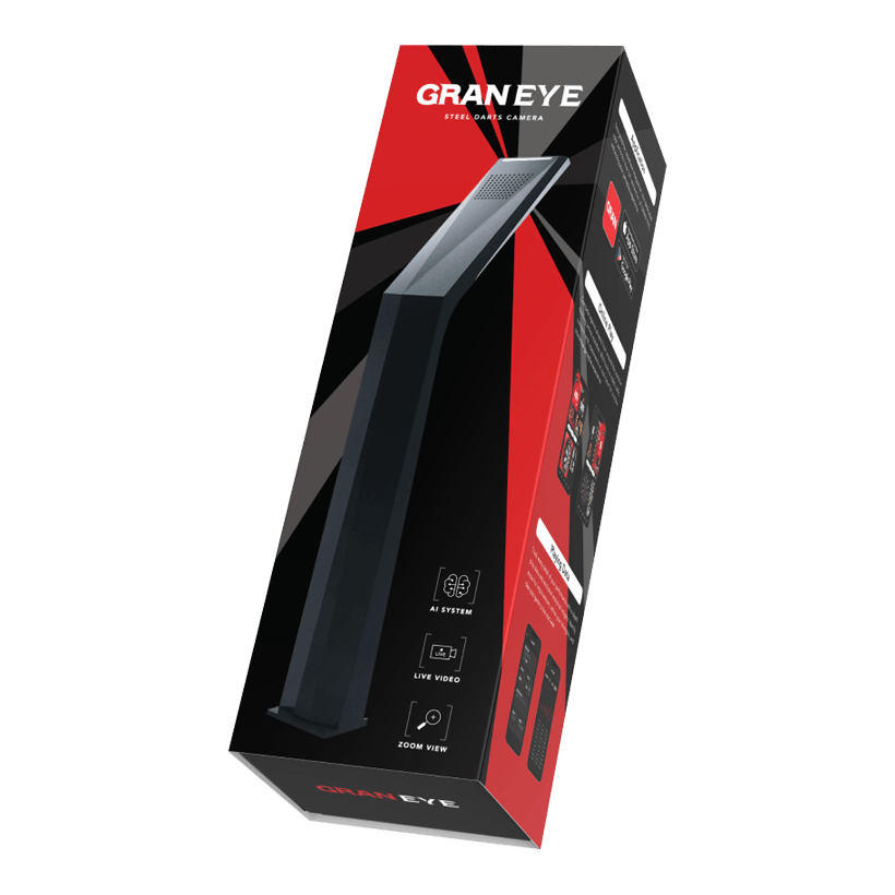 GranDarts Gran Eye GEN2 Steeldart auto scoring system Das Bild zeigt die Verpackung des Produkts "GranDarts GranEye Steeldart Auto-Scoring-System". Auf der Schachtel sind ein Bild des Geräts sowie Hinweise auf Funktionen wie KI-System, Live-Video und Zoom-Ansicht abgebildet.