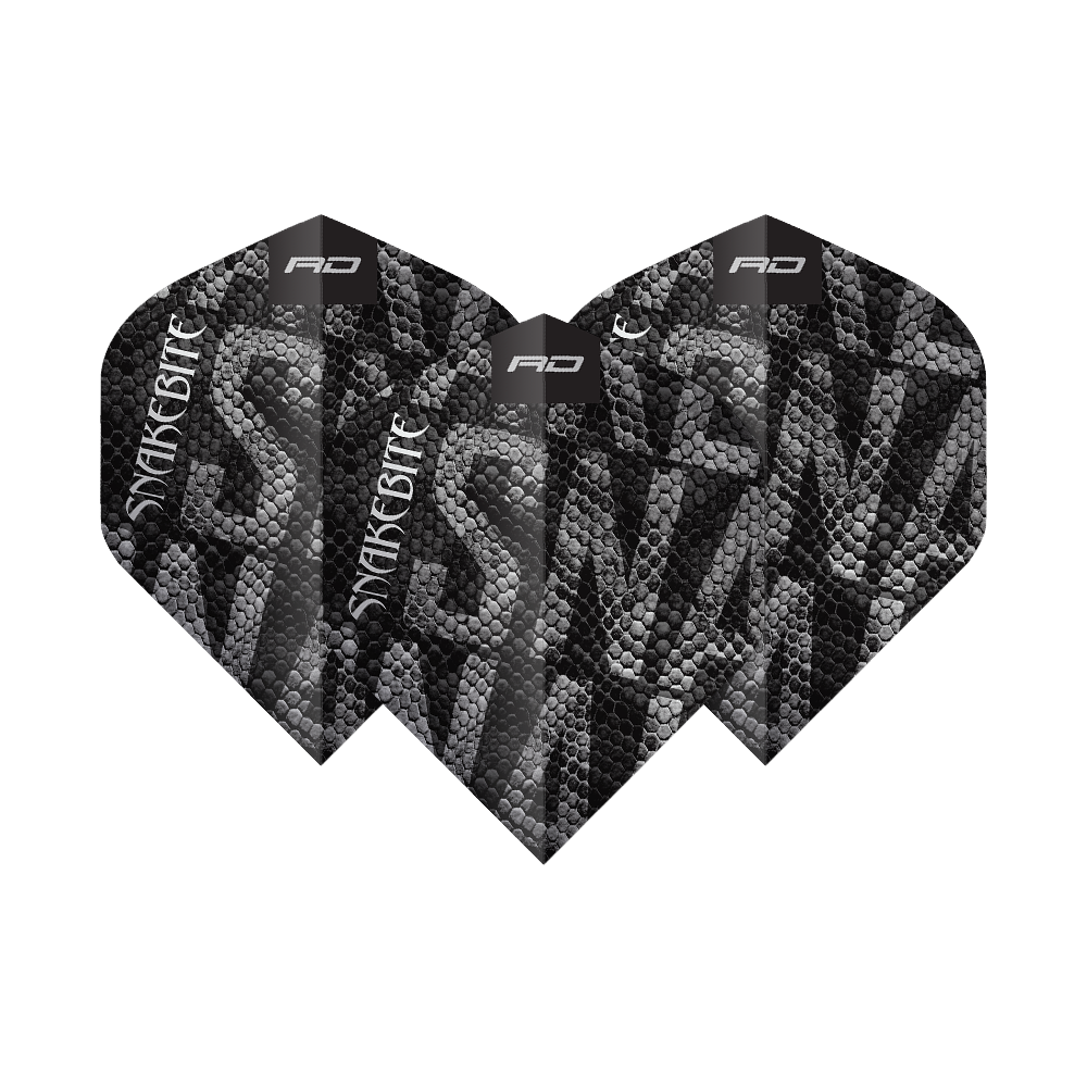 Das Bild zeigt ein Set der Red Dragon Pro Player Premium Peter Wright Black Mamba Premium No2 Standard Flights. Sie sind robust und perfekt für Dartfans.