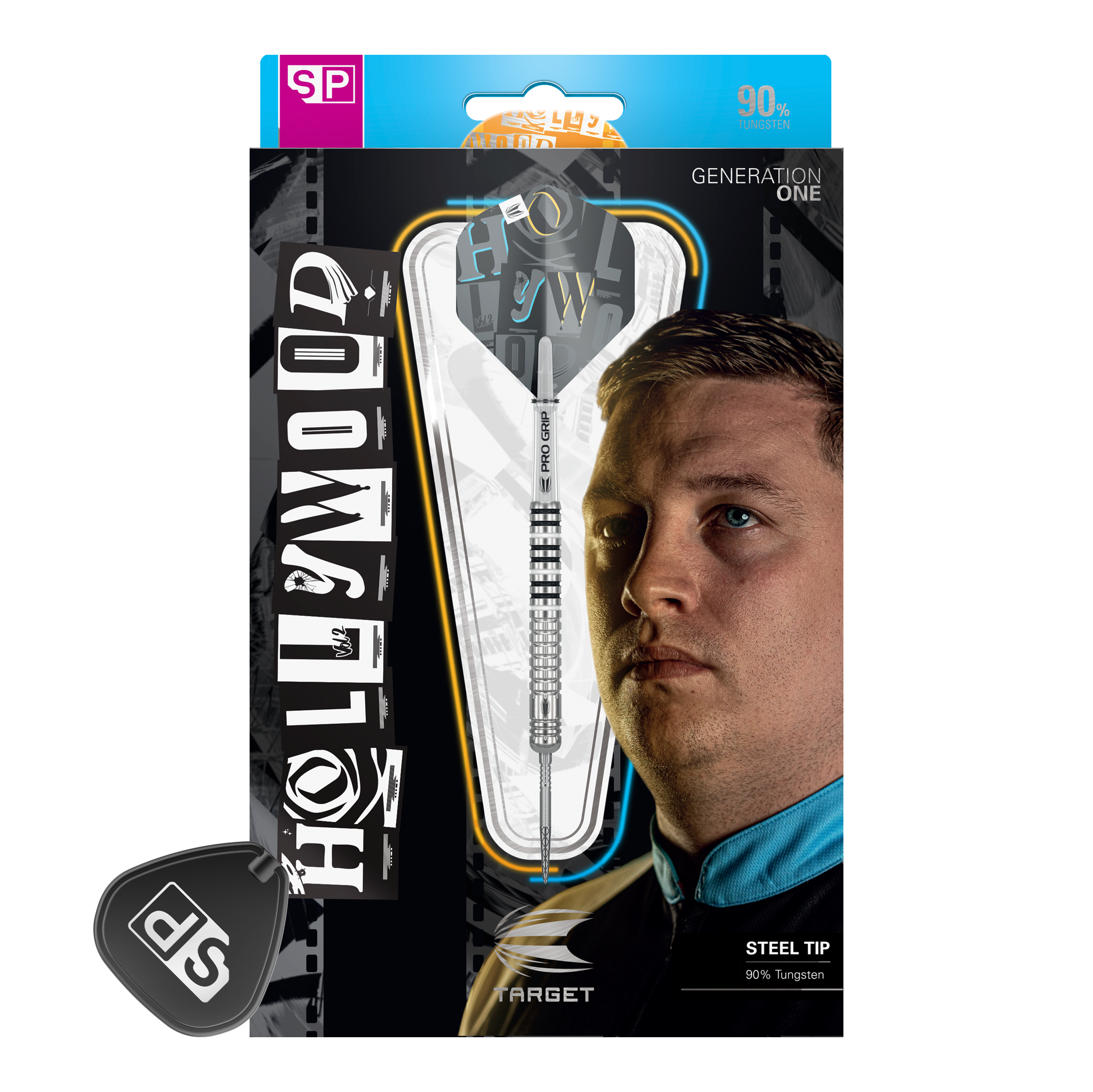 Target Chris Dobey GEN1 Swiss Point steel darts Auf der Verpackung ist ein Steeldart-Set mit dem Namen "Hollywood" abgebildet. Im Hintergrund sieht man das Porträt eines Mannes und den Hinweis, dass der Dart 90% Tungsten enthält.