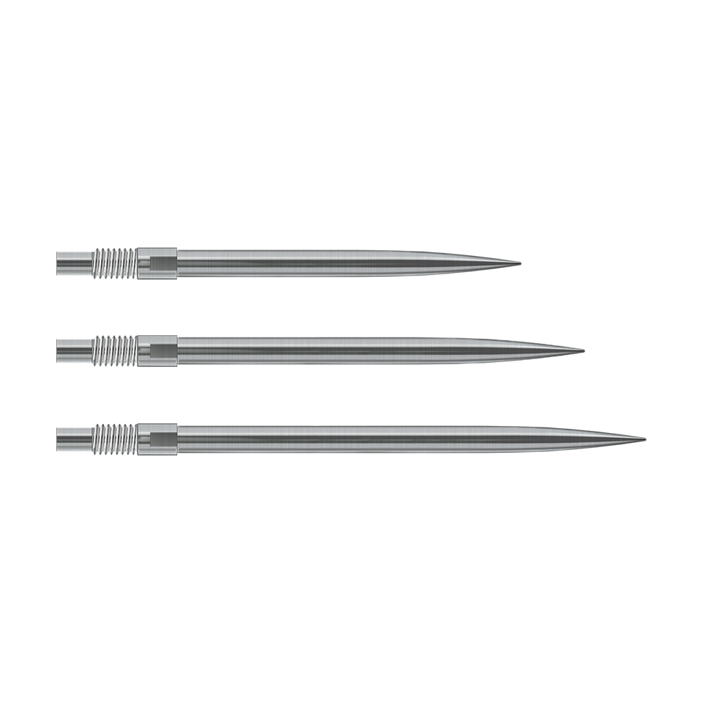 Das Bild zeigt silberne Harrows Quick Point Dartspitzen. Sie sind für Dartspieler zum einfachen Wechsel der Spitzen gedacht.