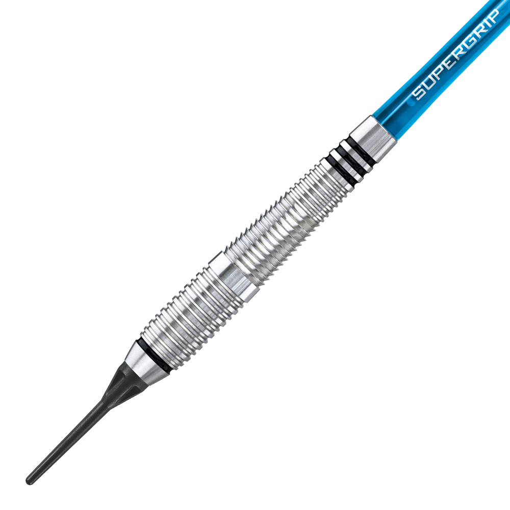 HA13968_Harrows_Blaze_Style_A_Softdarts_2 Das Bild zeigt einen Harrows Blaze Style A Softdart mit einem Gewicht von 18 Gramm. Der Dart hat einen silbernen, geriffelten Barrel und einen blauen Schaft mit der Aufschrift "Supergrip".