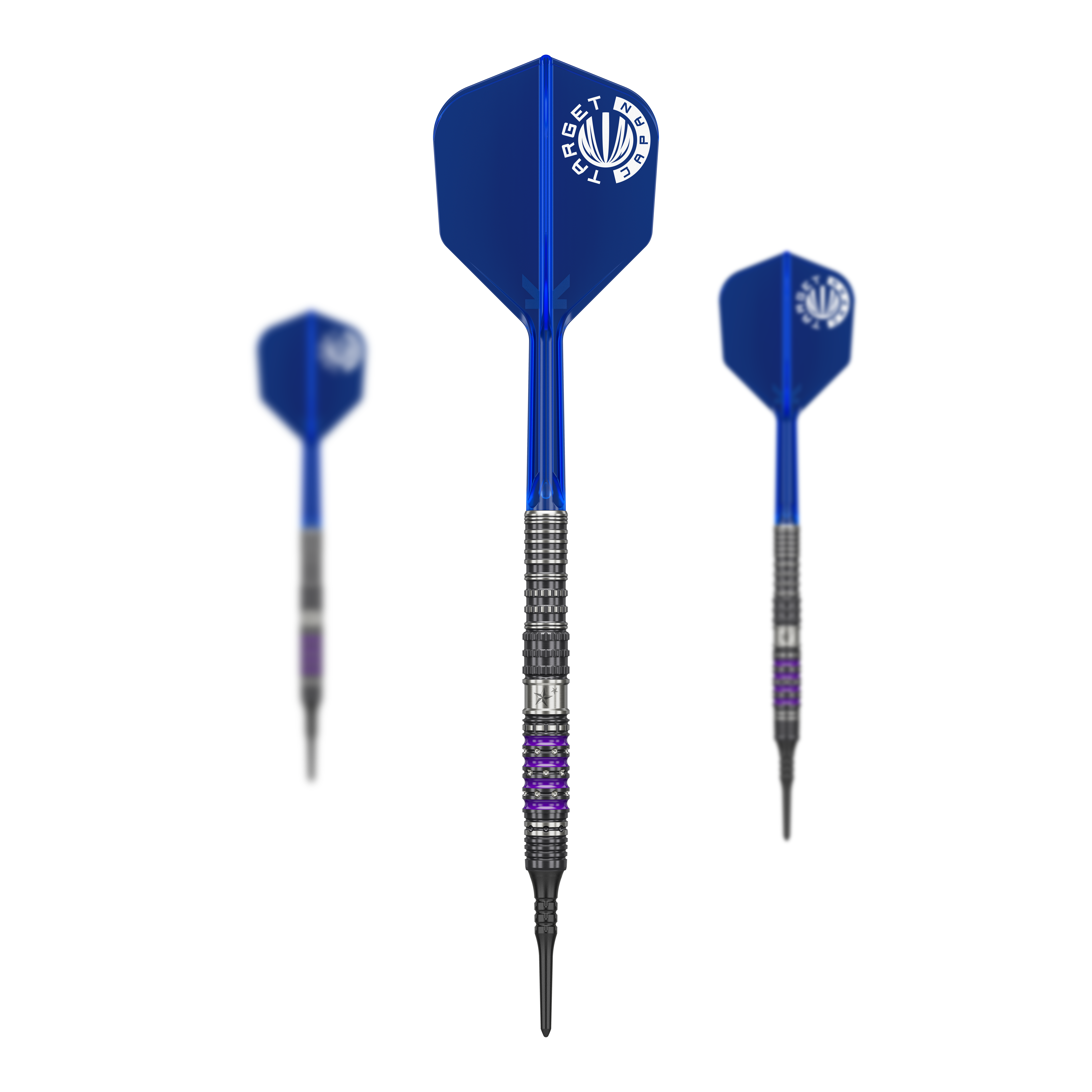 Das Bild zeigt drei Softdarts der Serie "Target Japan Prime Series Sirius GEN4" mit einem Gewicht von 21,5g. Die Darts haben blaue Flights und silber-schwarze Barrels mit lila Akzenten.
