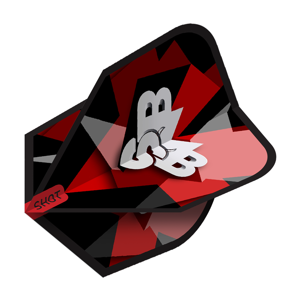 Shot Michael Smith Defiant No6 Flights Das Bild zeigt ein Dartflugblatt mit dem Namen "Shot Michael Smith Defiant No6 Flights". Es hat ein auffälliges geometrisches Muster in Rot, Schwarz und Grau mit den Buchstaben "SB" in der Mitte.