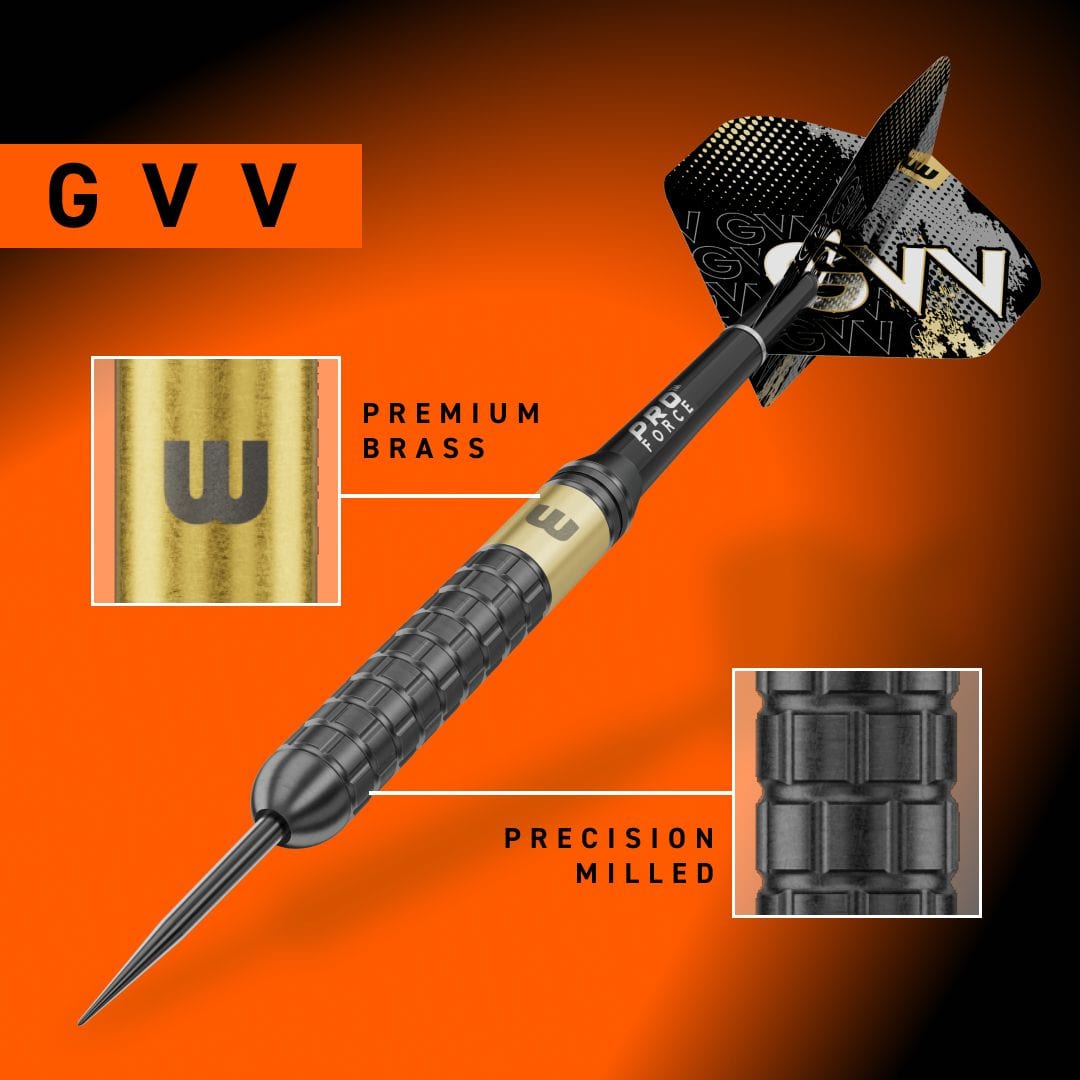 Winmau Gian Van Veen Core Brass Steeldarts - 21g Abgebildet sind Winmau Gian Van Veen Core Brass Steeldarts mit 21 Gramm. Das Foto zeigt den Dartpfeil in voller Länge.